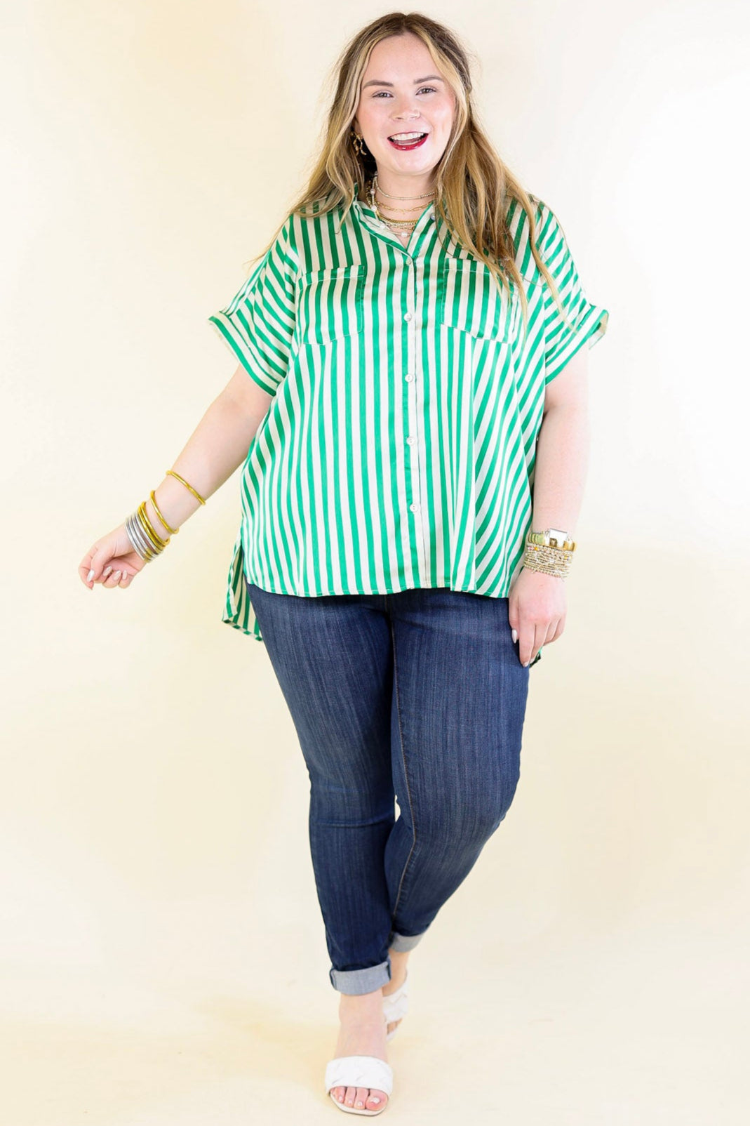 Free To Be Fab Button Up Short Sleeve Striped Top in Green