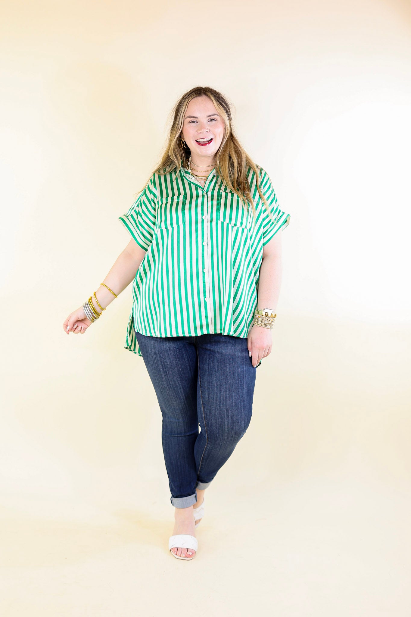 Free To Be Fab Button Up Short Sleeve Striped Top in Green