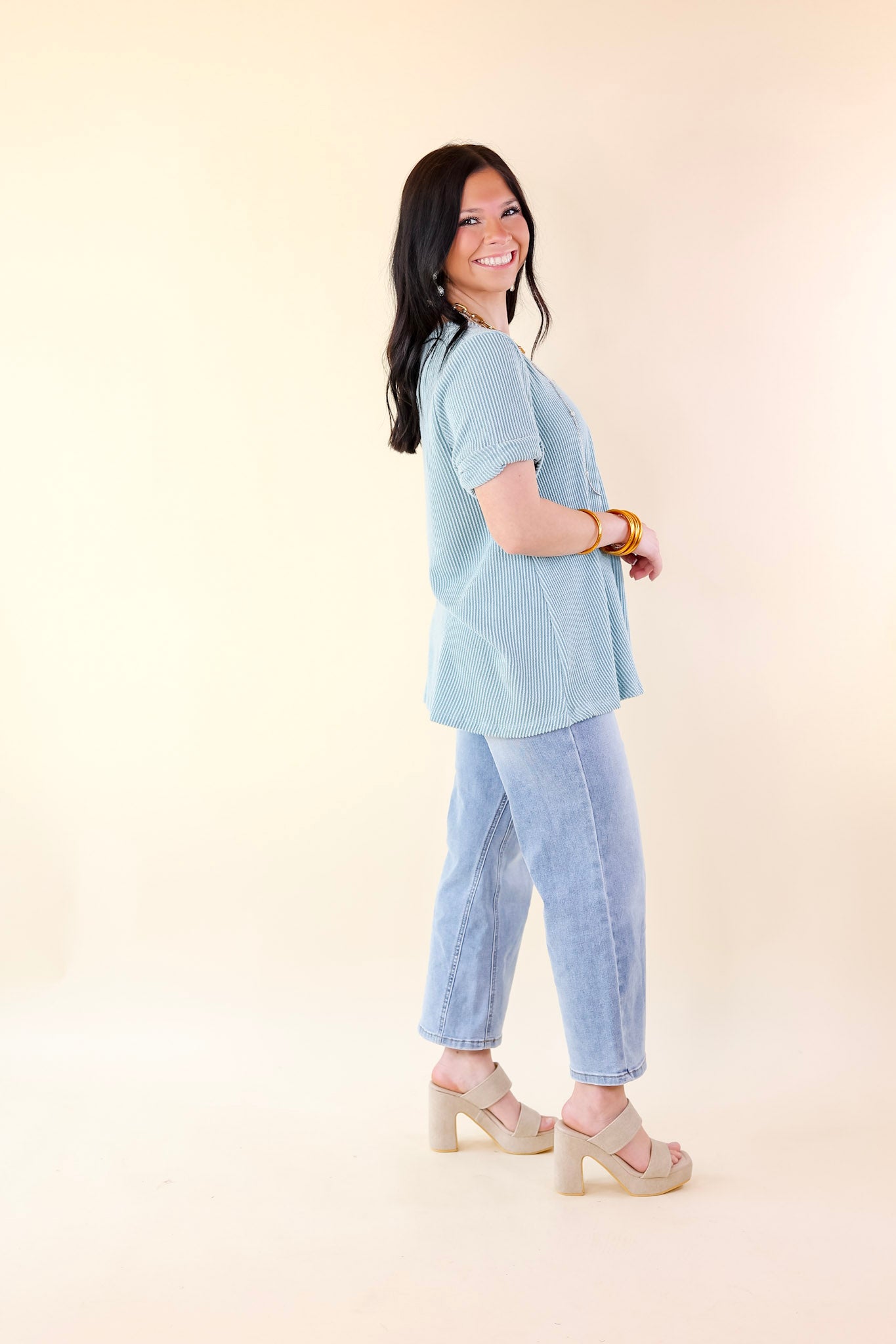 Only True Love Ribbed Short Sleeve Top with Front Pocket in Dusty Turquoise - Giddy Up Glamour Boutique