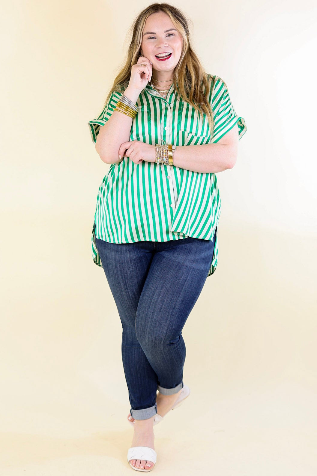 Free To Be Fab Button Up Short Sleeve Striped Top in Green