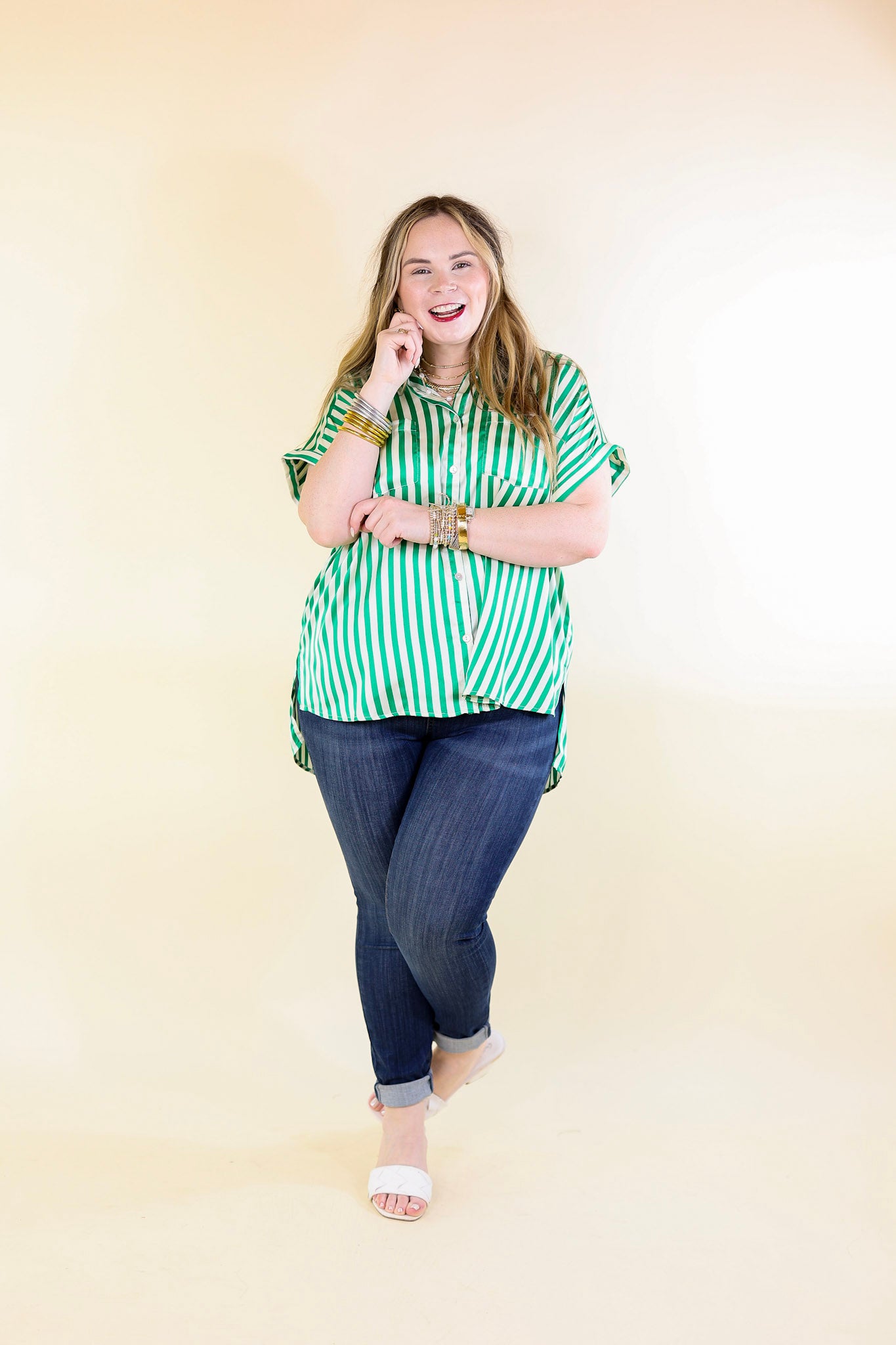 Free To Be Fab Button Up Short Sleeve Striped Top in Green