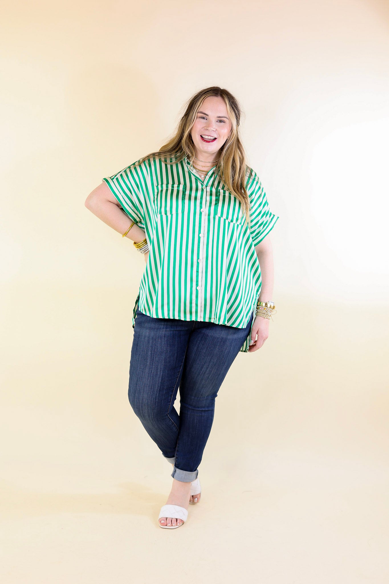 Free To Be Fab Button Up Short Sleeve Striped Top in Green