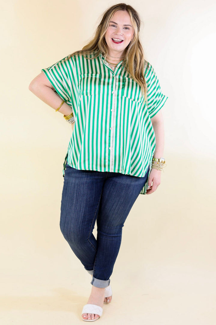Free To Be Fab Button Up Short Sleeve Striped Top in Green