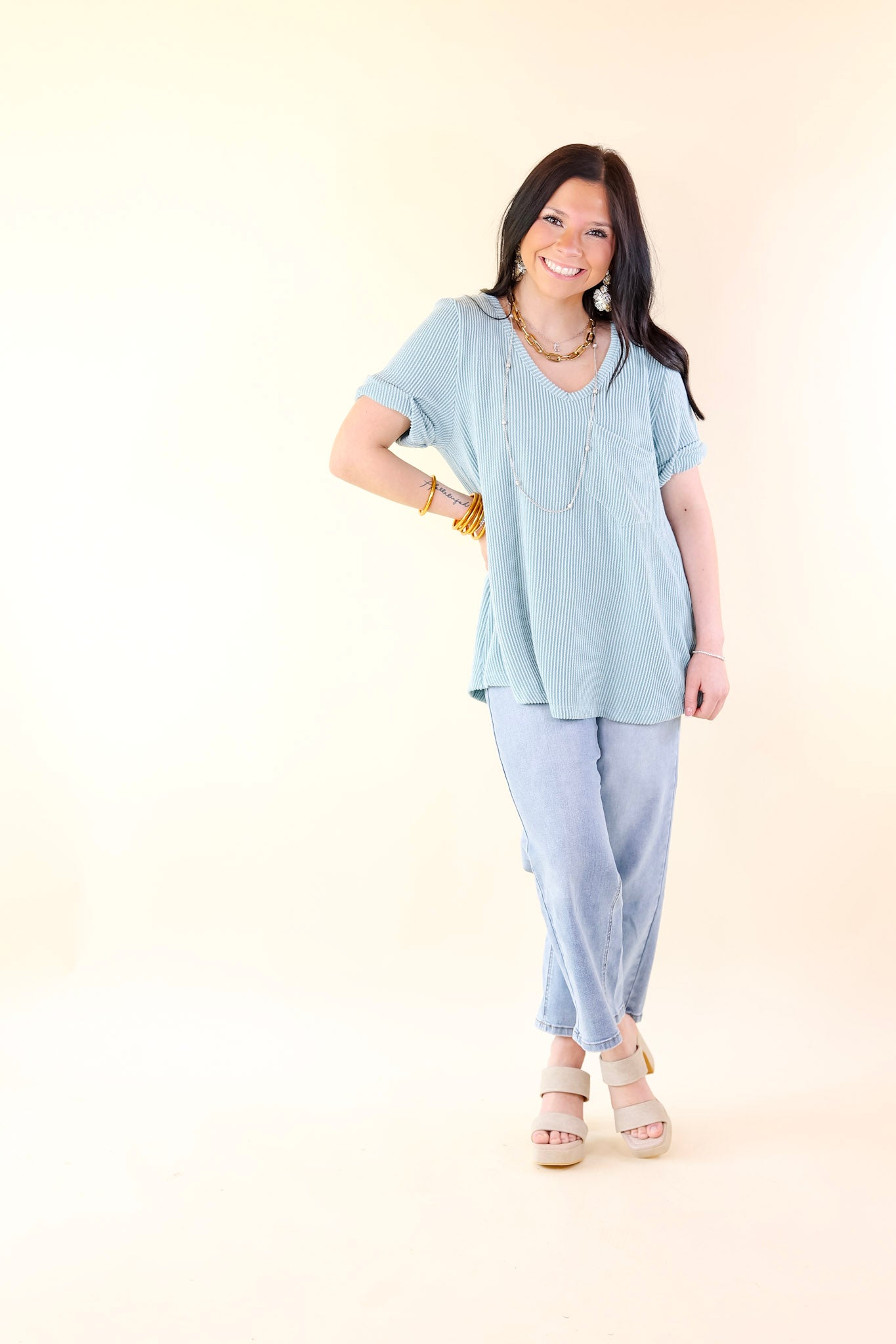 Only True Love Ribbed Short Sleeve Top with Front Pocket in Dusty Turquoise - Giddy Up Glamour Boutique