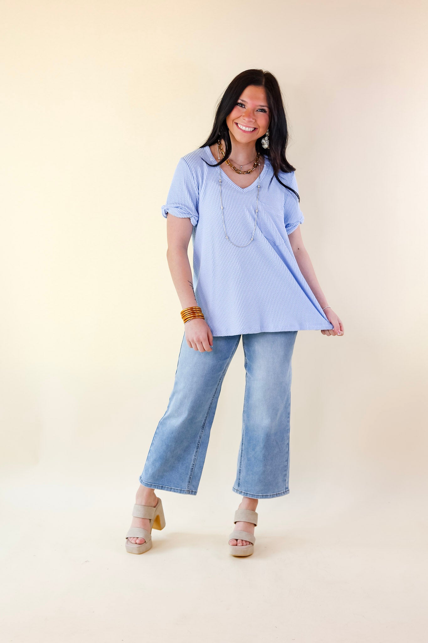 Only True Love Ribbed Short Sleeve Top with Front Pocket in Serenity Blue - Giddy Up Glamour Boutique