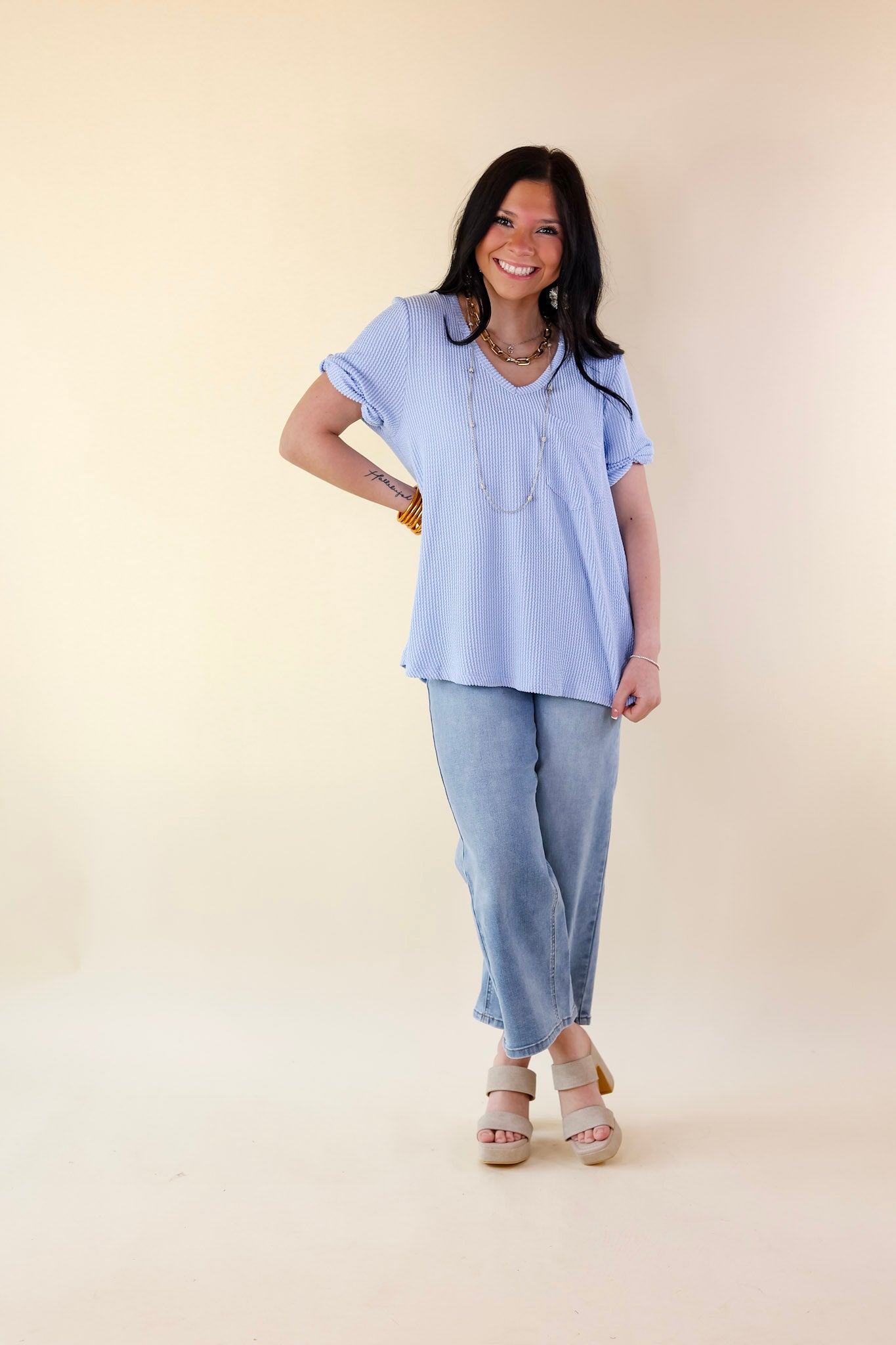 Only True Love Ribbed Short Sleeve Top with Front Pocket in Serenity Blue - Giddy Up Glamour Boutique