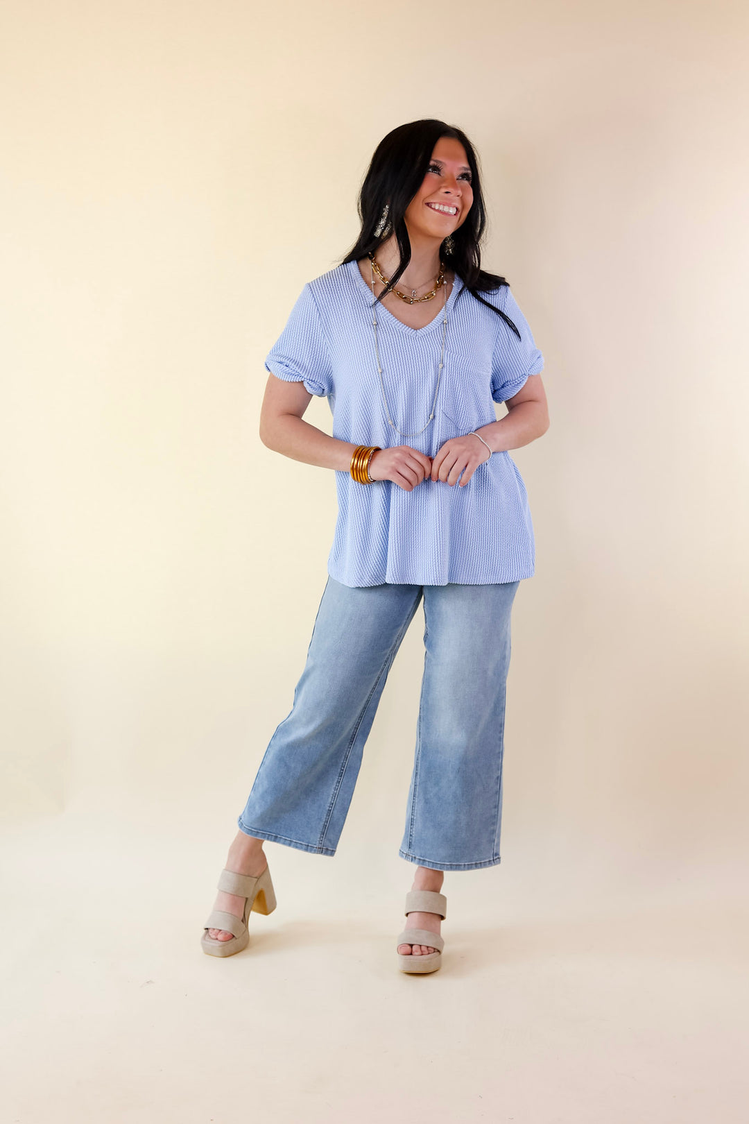 Only True Love Ribbed Short Sleeve Top with Front Pocket in Serenity Blue - Giddy Up Glamour Boutique