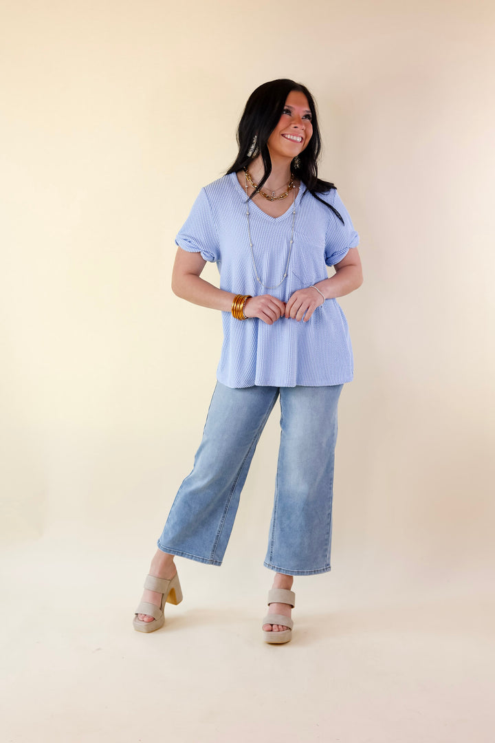 Only True Love Ribbed Short Sleeve Top with Front Pocket in Serenity Blue - Giddy Up Glamour Boutique