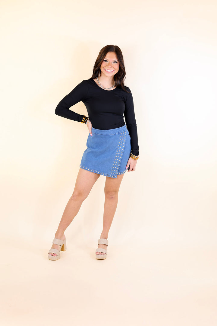 Falling For You Denim Skort with Silver Stud Detailing in Medium Wash
