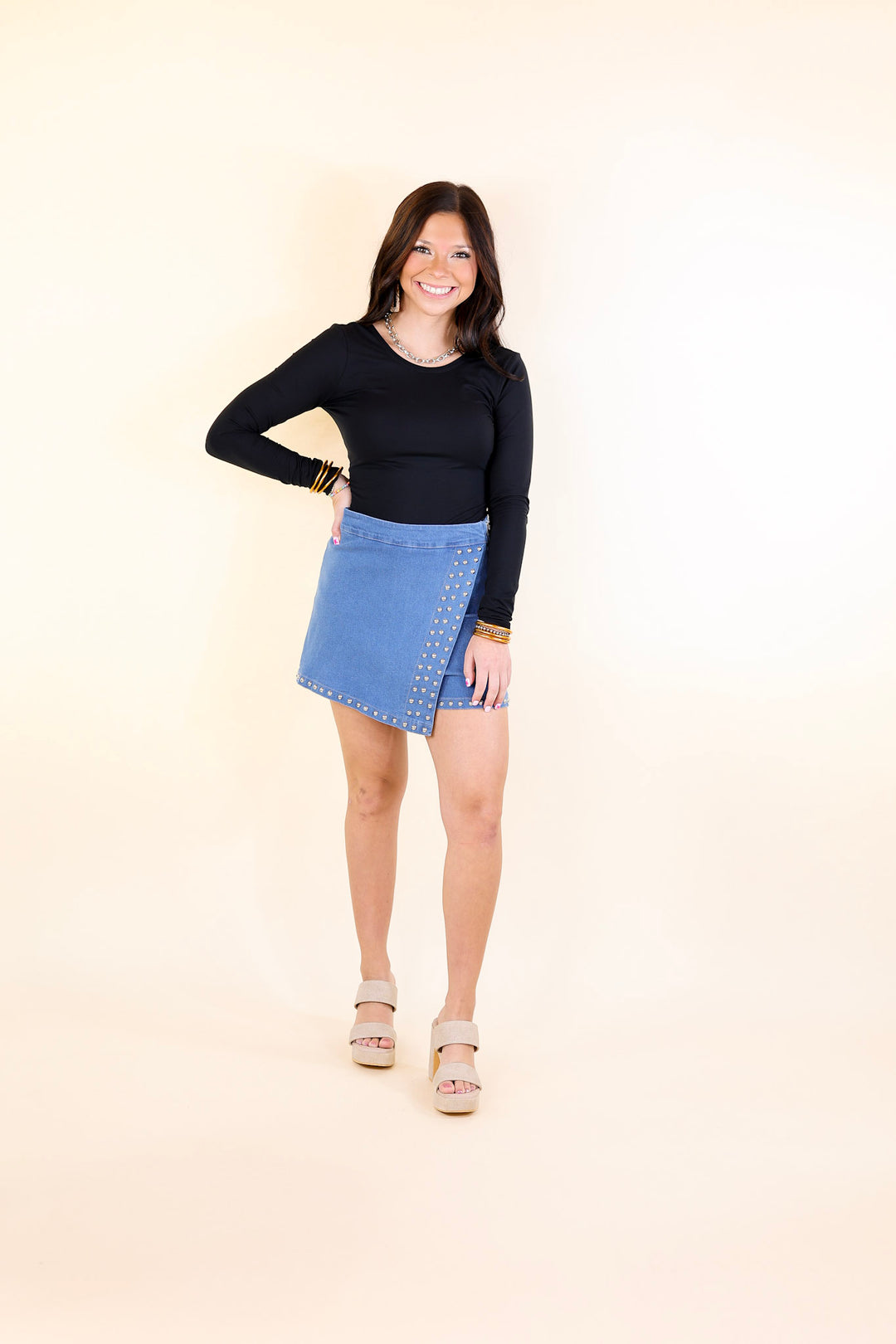 Falling For You Denim Skort with Silver Stud Detailing in Medium Wash