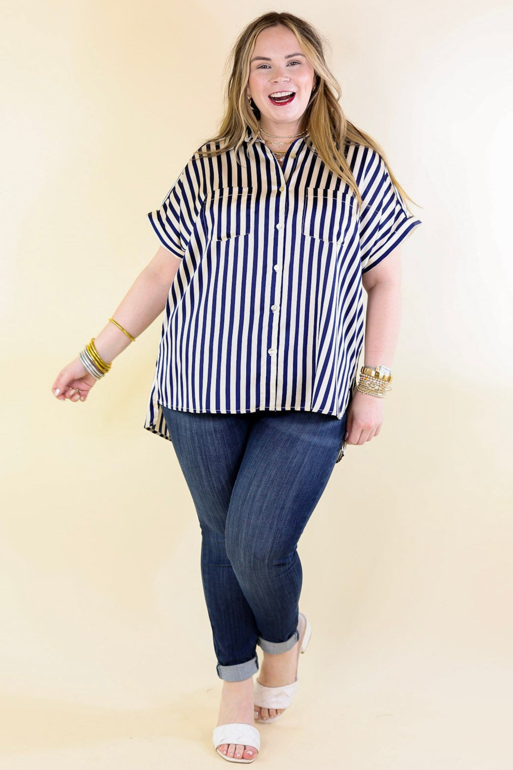 Free To Be Fab Button Up Short Sleeve Striped Top in Navy Blue