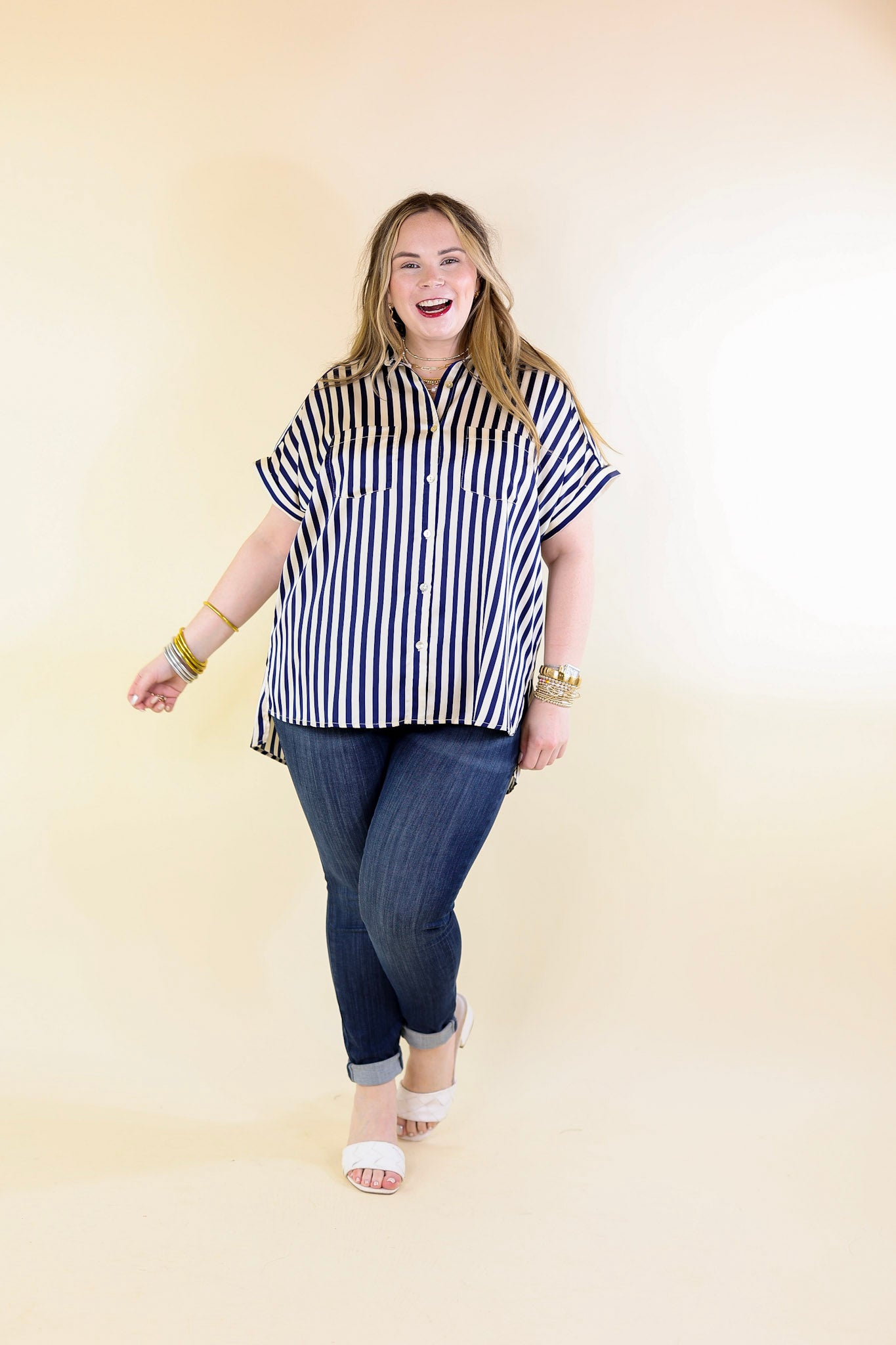 Free To Be Fab Button Up Short Sleeve Striped Top in Navy Blue