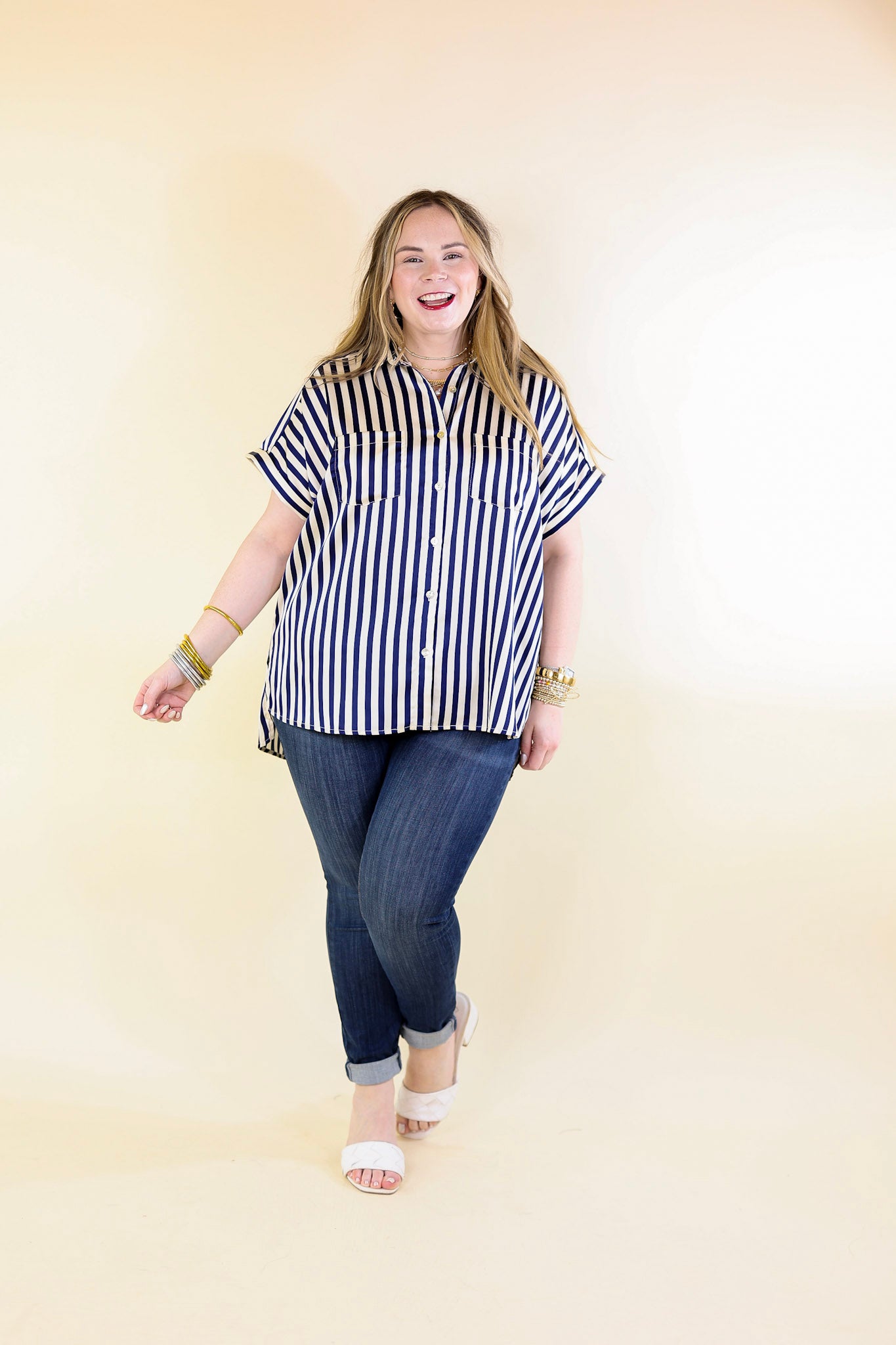 Free To Be Fab Button Up Short Sleeve Striped Top in Navy Blue