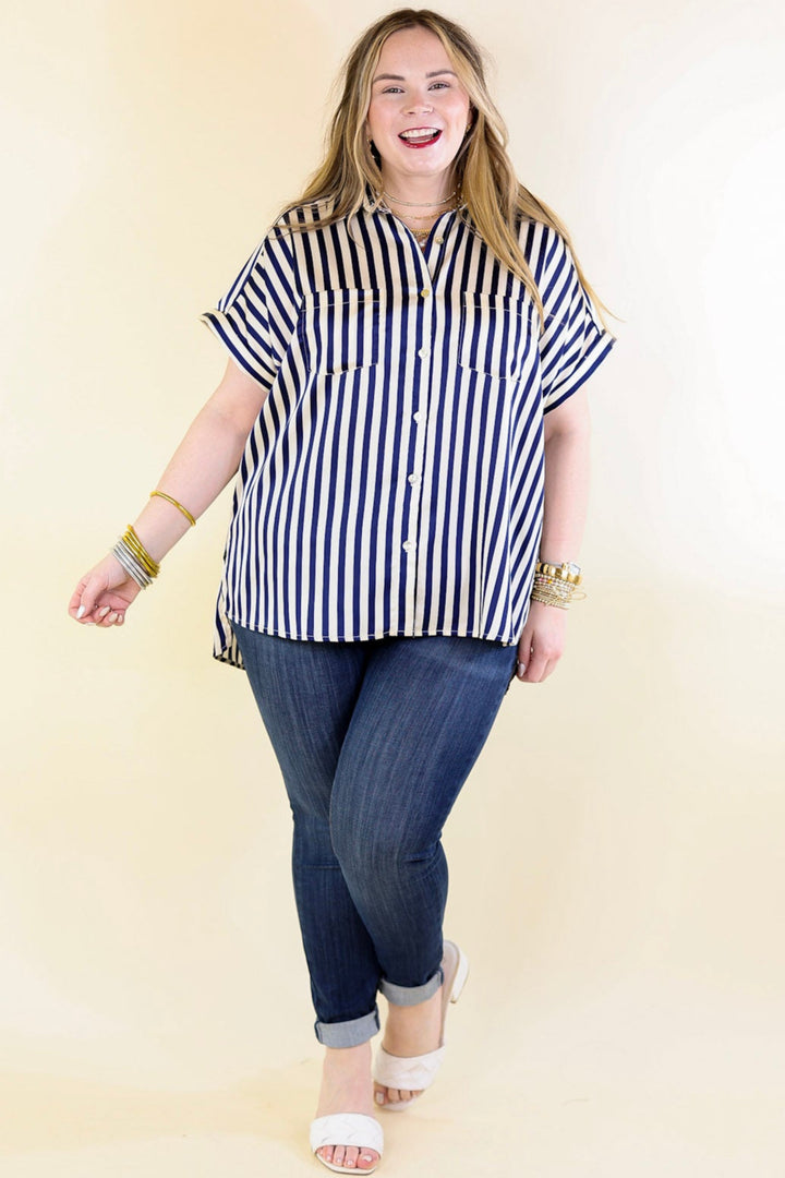 Free To Be Fab Button Up Short Sleeve Striped Top in Navy Blue