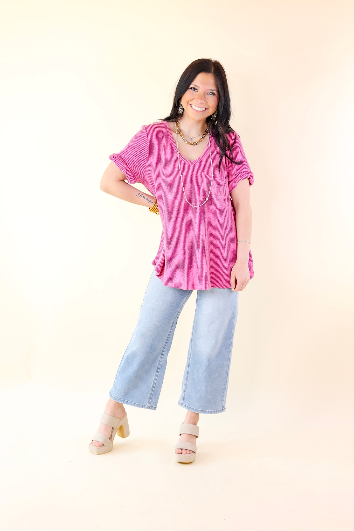 Only True Love Ribbed Short Sleeve Top with Front Pocket in Orchid Pink - Giddy Up Glamour Boutique
