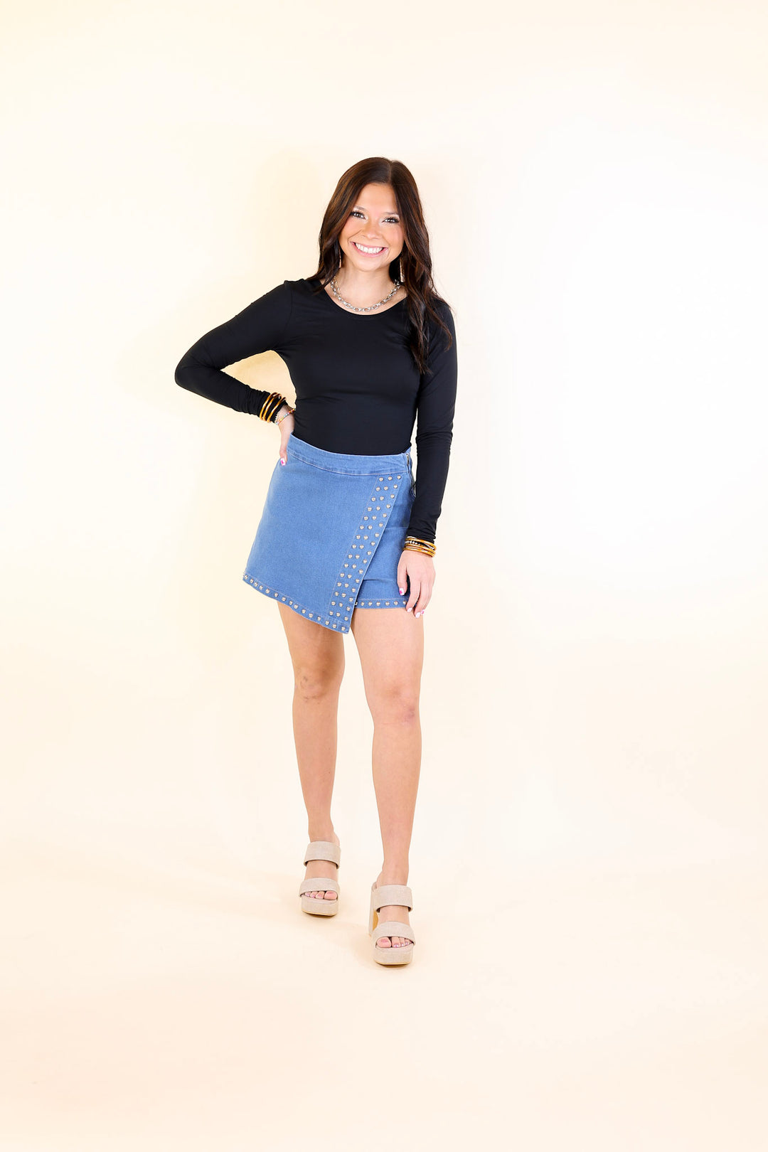 Falling For You Denim Skort with Silver Stud Detailing in Medium Wash