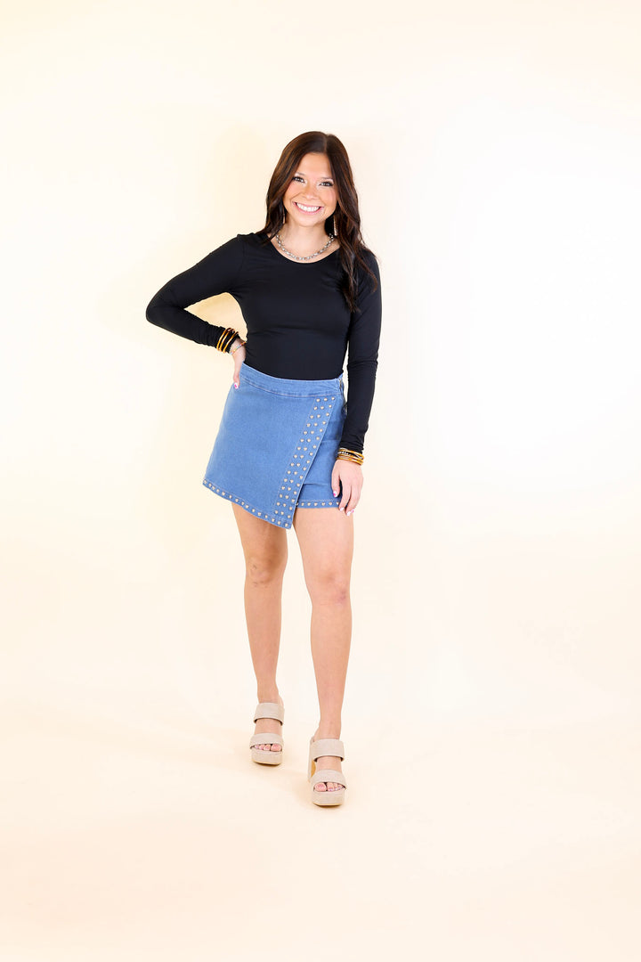 Falling For You Denim Skort with Silver Stud Detailing in Medium Wash
