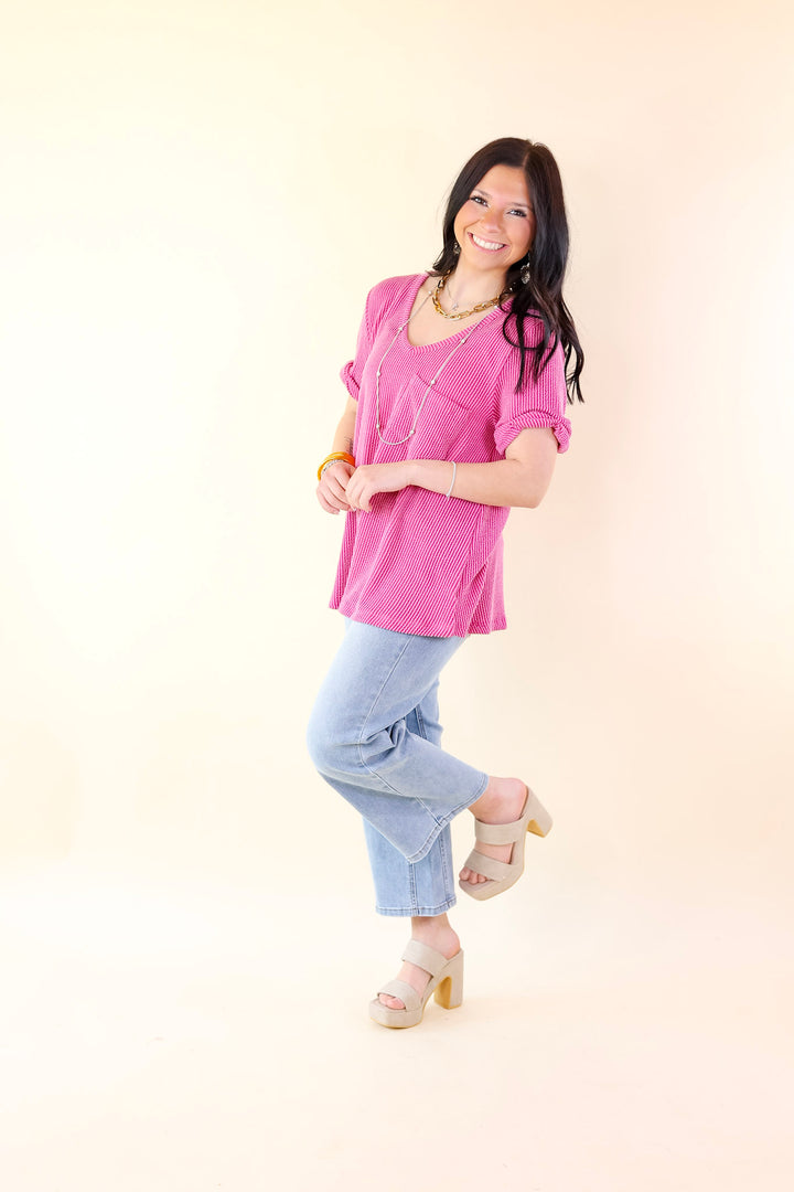 Only True Love Ribbed Short Sleeve Top with Front Pocket in Orchid Pink - Giddy Up Glamour Boutique
