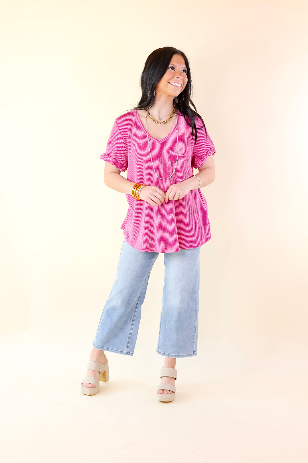 Only True Love Ribbed Short Sleeve Top with Front Pocket in Orchid Pink - Giddy Up Glamour Boutique