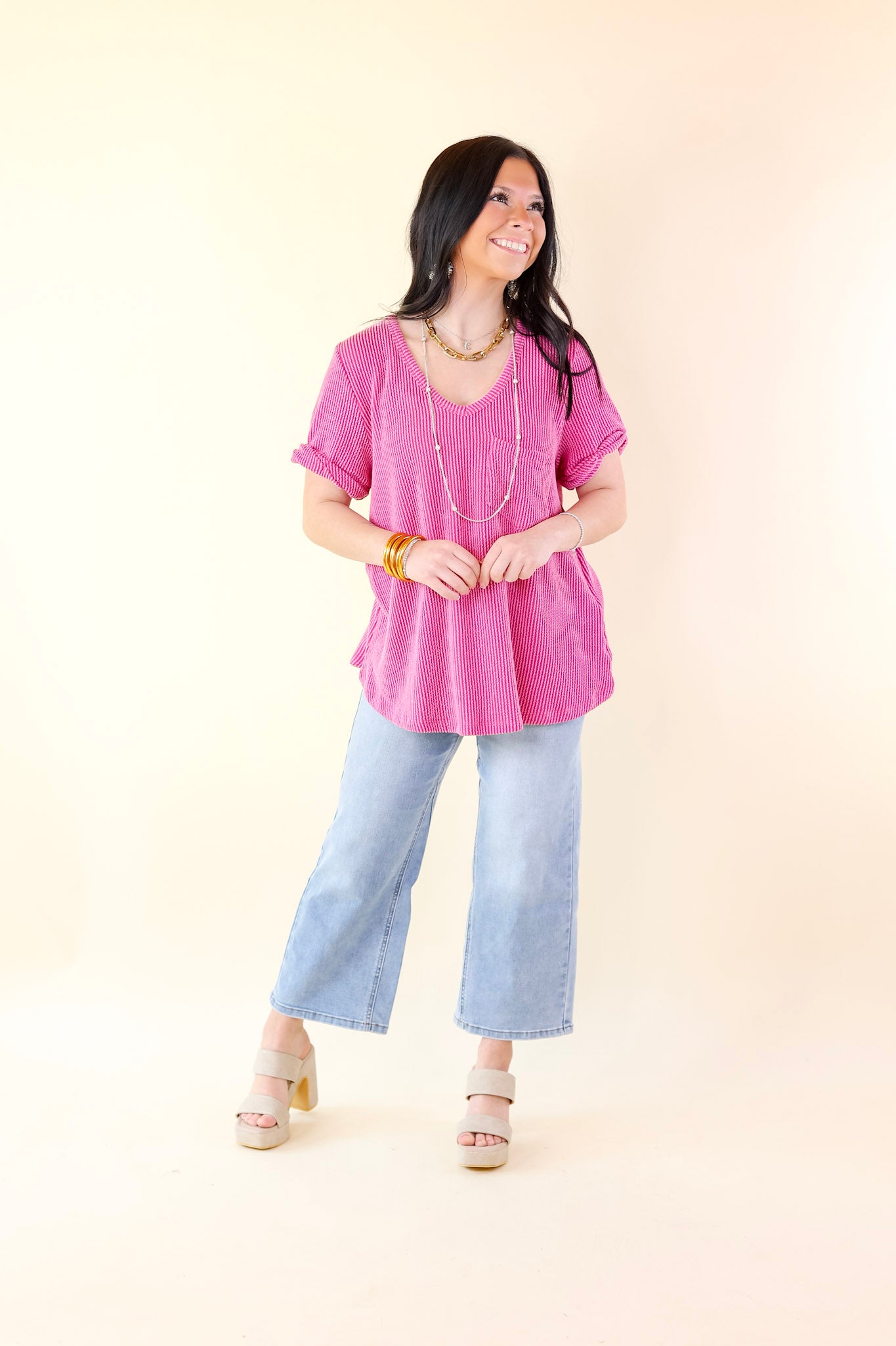 Only True Love Ribbed Short Sleeve Top with Front Pocket in Orchid Pink - Giddy Up Glamour Boutique