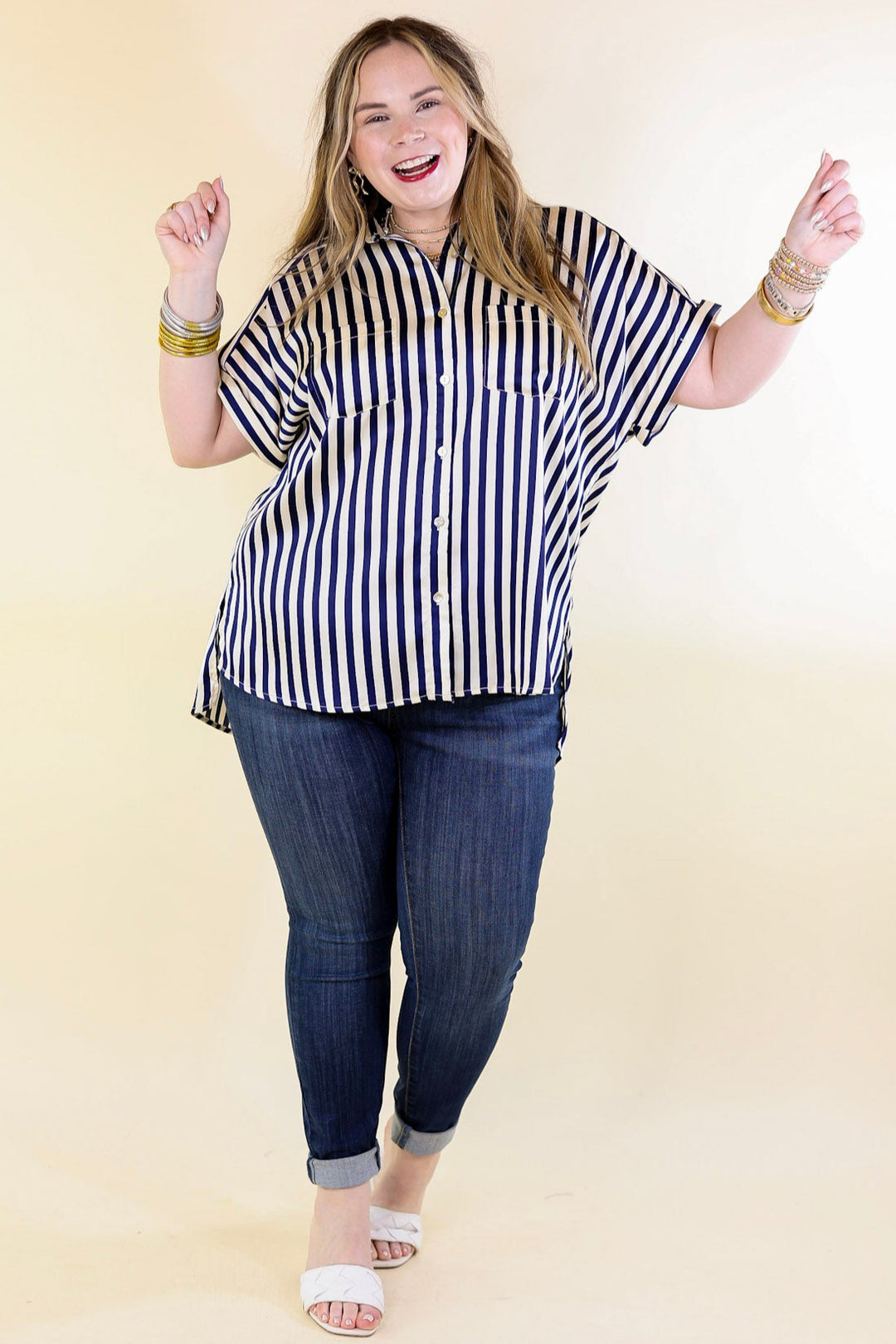 Free To Be Fab Button Up Short Sleeve Striped Top in Navy Blue
