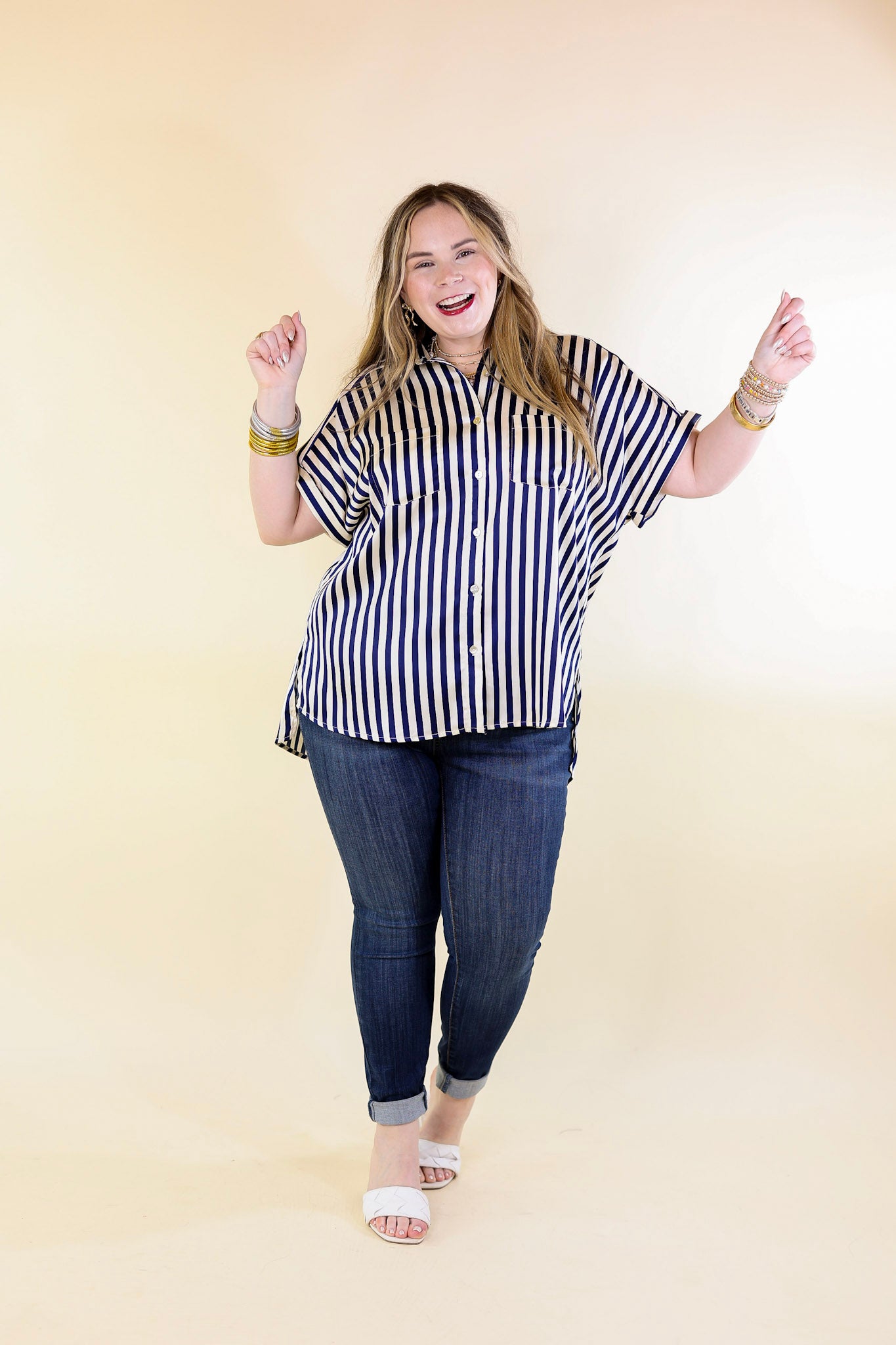 Free To Be Fab Button Up Short Sleeve Striped Top in Navy Blue