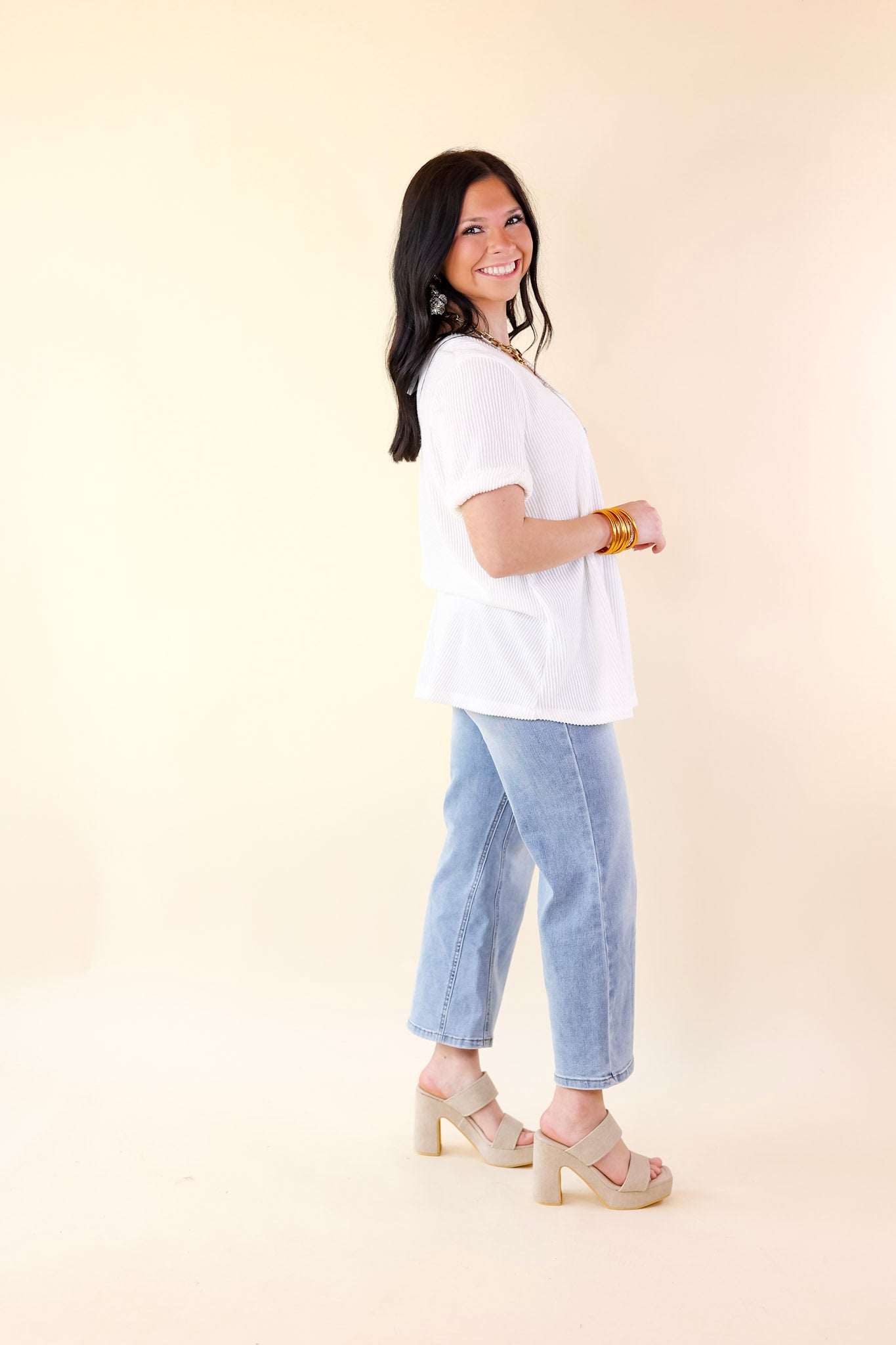 Only True Love Ribbed Short Sleeve Top with Front Pocket in Off White - Giddy Up Glamour Boutique