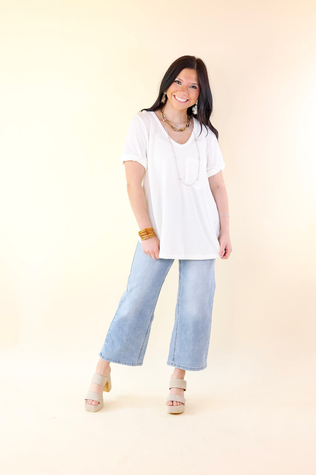 Only True Love Ribbed Short Sleeve Top with Front Pocket in Off White - Giddy Up Glamour Boutique