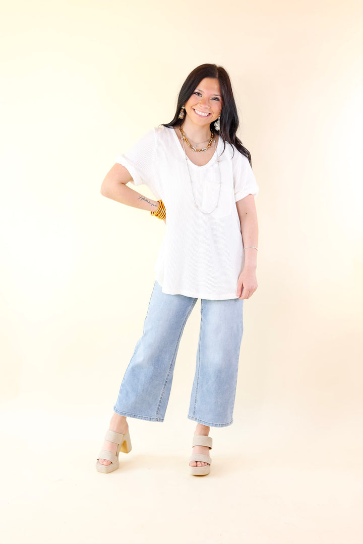 Only True Love Ribbed Short Sleeve Top with Front Pocket in Off White - Giddy Up Glamour Boutique