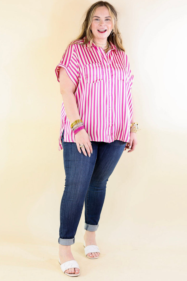 Free To Be Fab Button Up Short Sleeve Striped Top in Pink