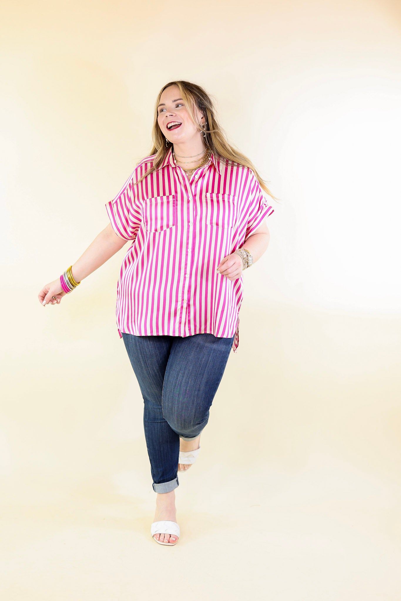 Free To Be Fab Button Up Short Sleeve Striped Top in Pink