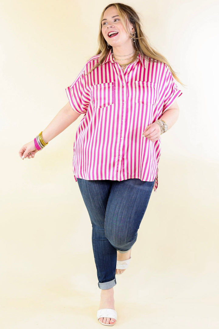 Free To Be Fab Button Up Short Sleeve Striped Top in Pink