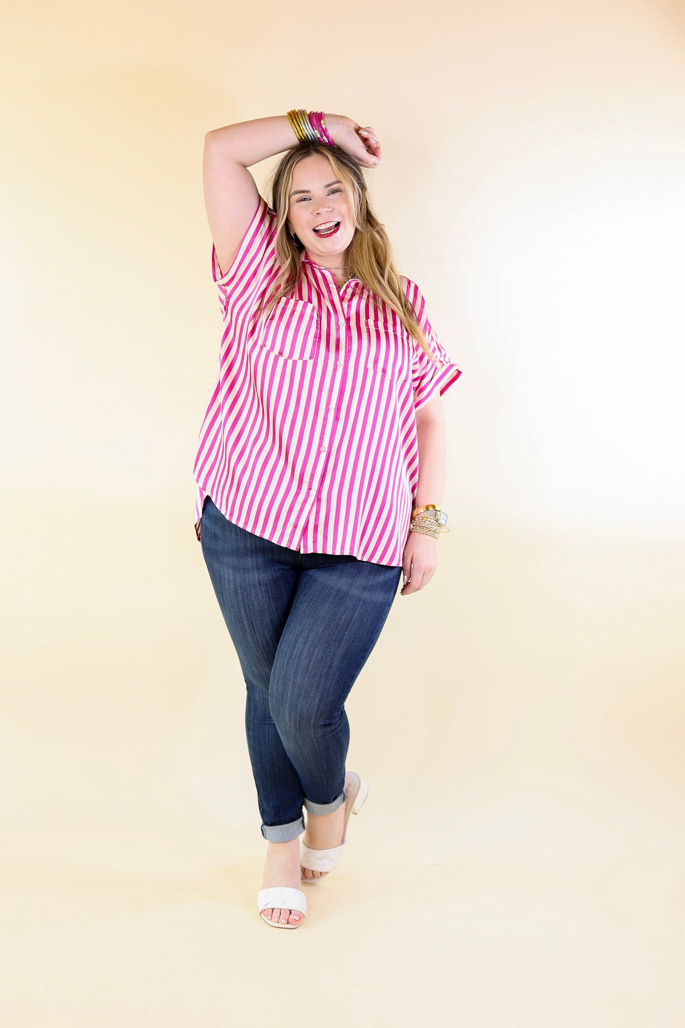 Free To Be Fab Button Up Short Sleeve Striped Top in Pink