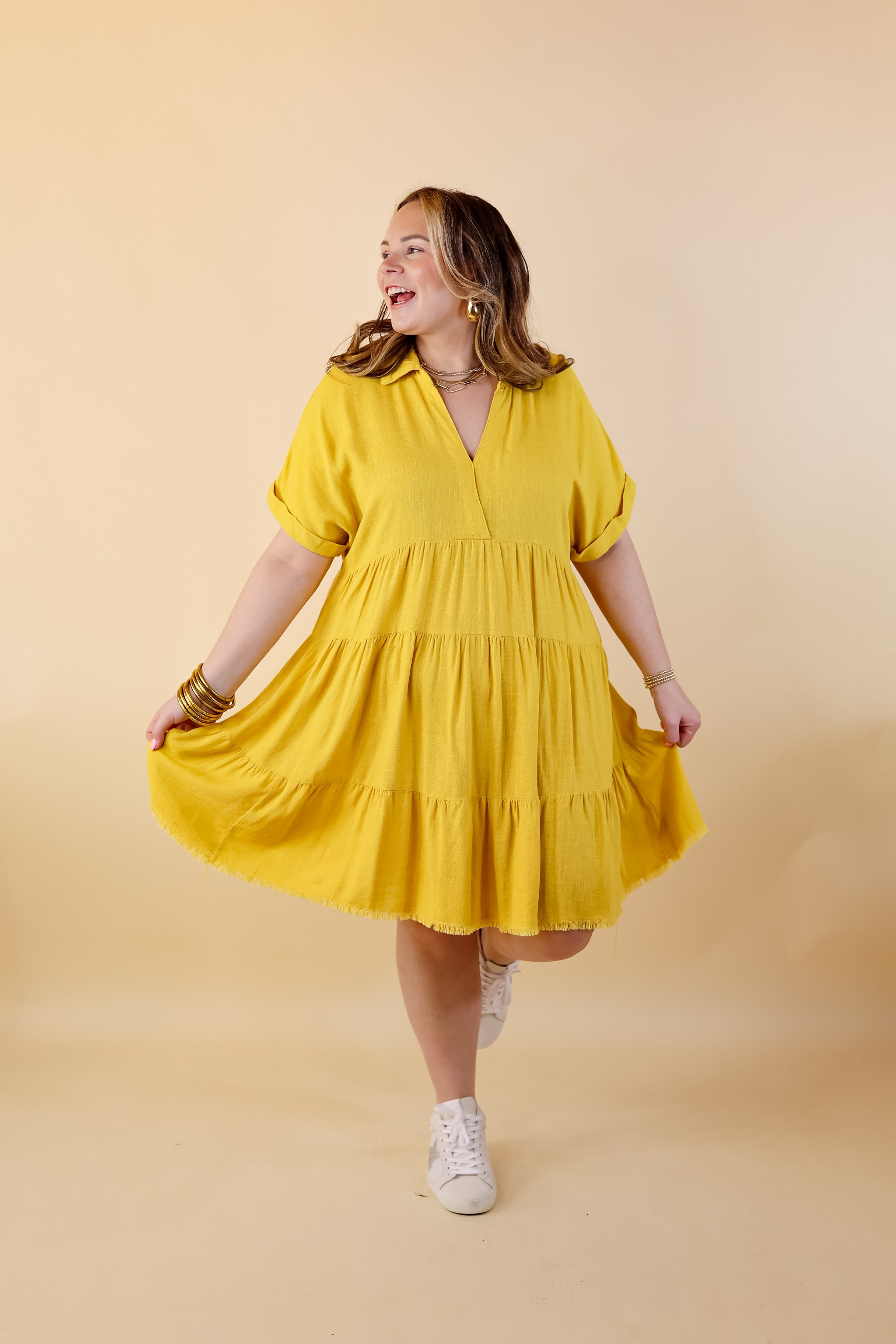Taos Transitions Ruffle Tiered Collared Dress with Frayed Hem in Yellow - Giddy Up Glamour Boutique