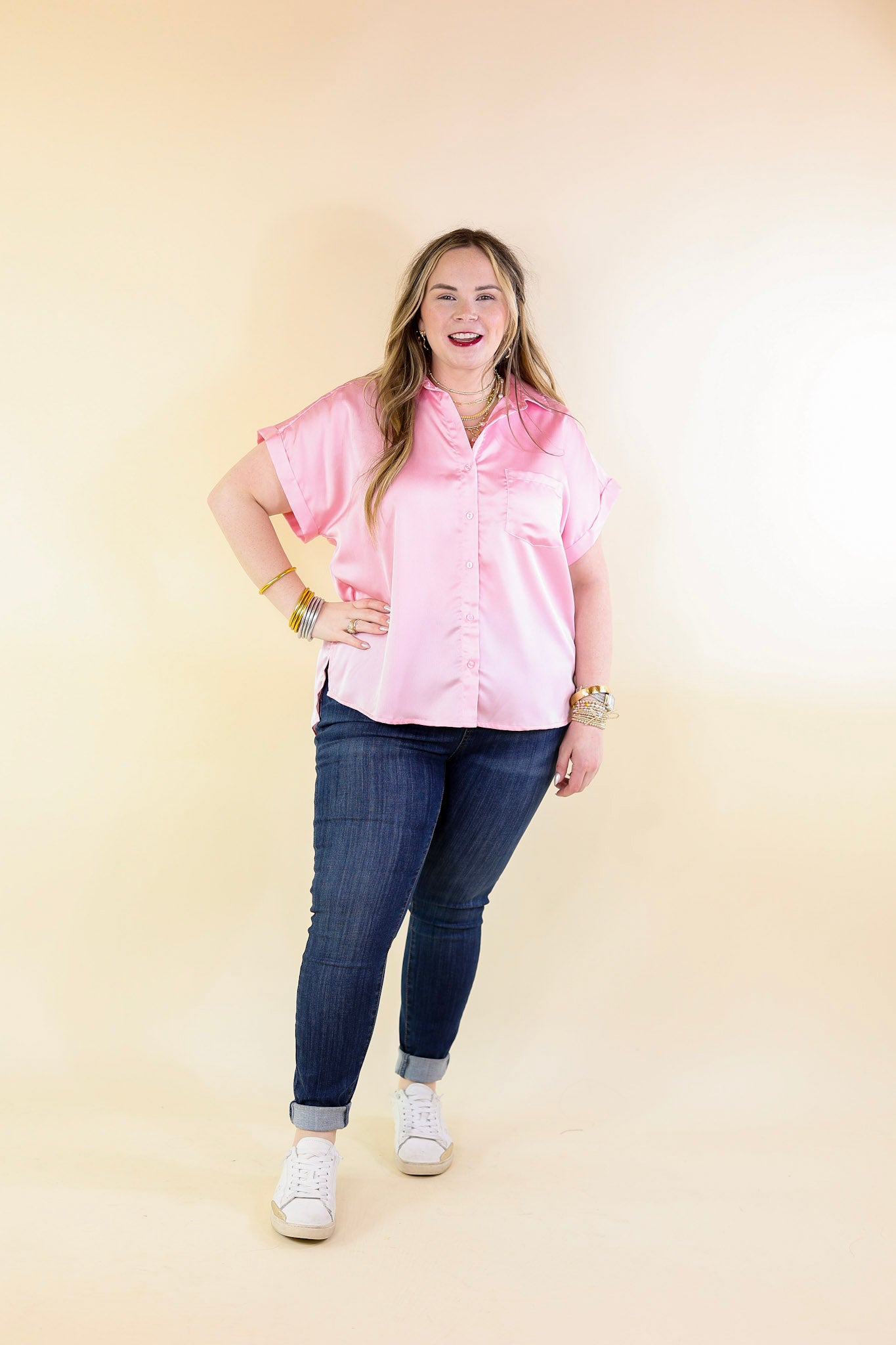 Free To Be Fab Button Up Short Sleeve Top in Light Pink