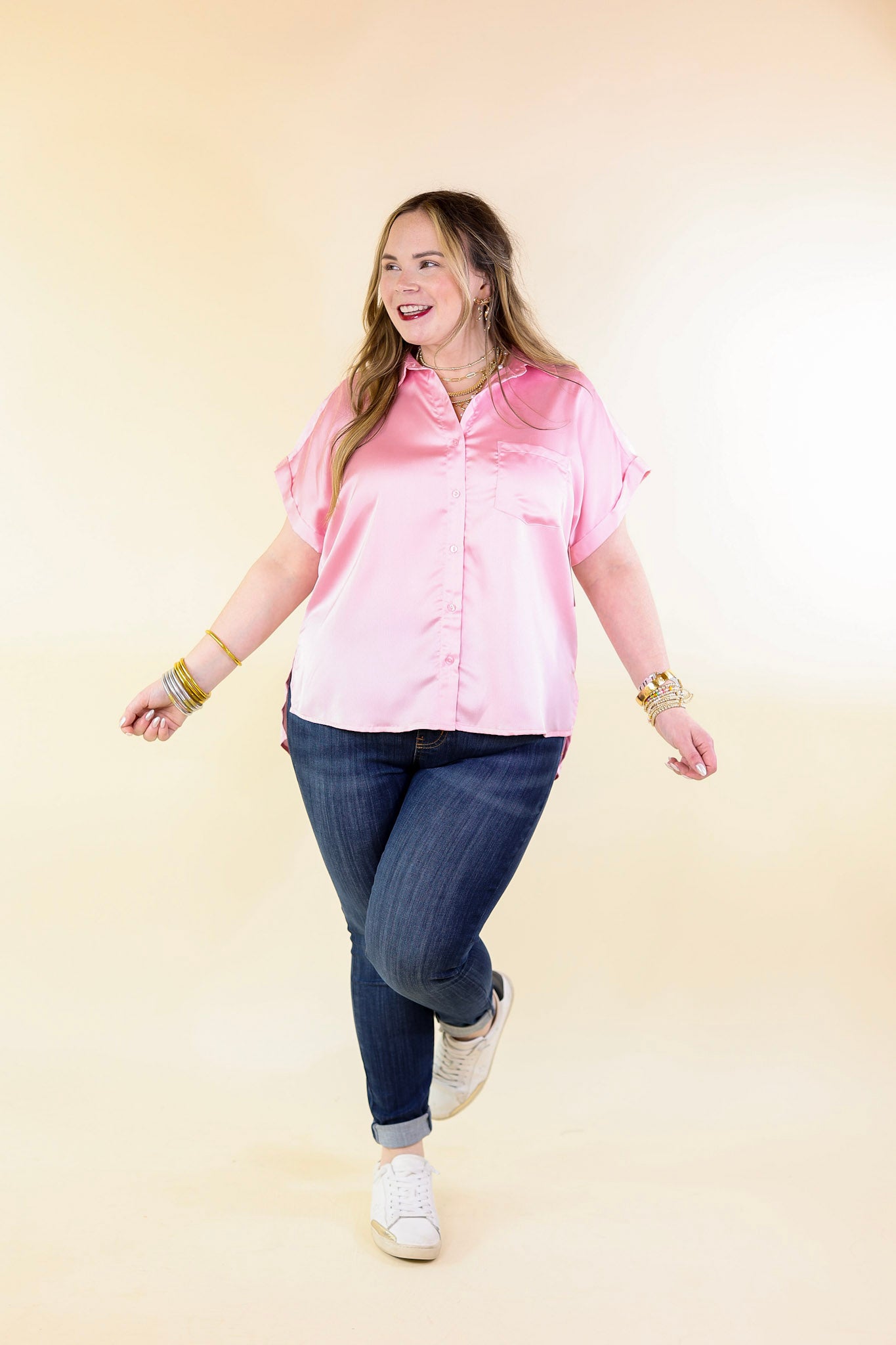 Free To Be Fab Button Up Short Sleeve Top in Light Pink