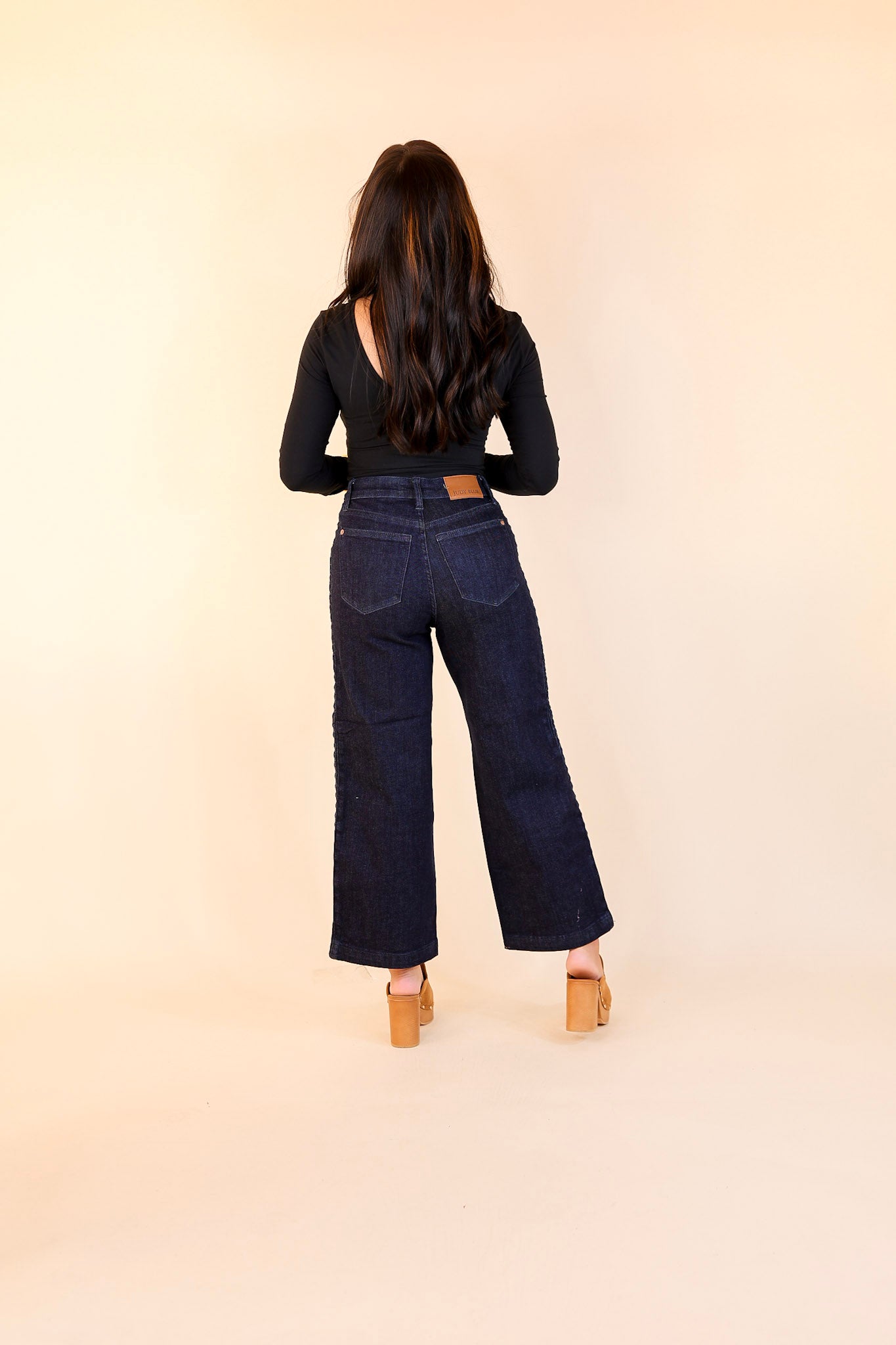 Judy Blue | Everyday Elegance High Waisted Wide Leg Cropped Jean with Side Seam Braid in Dark Rinse Wash