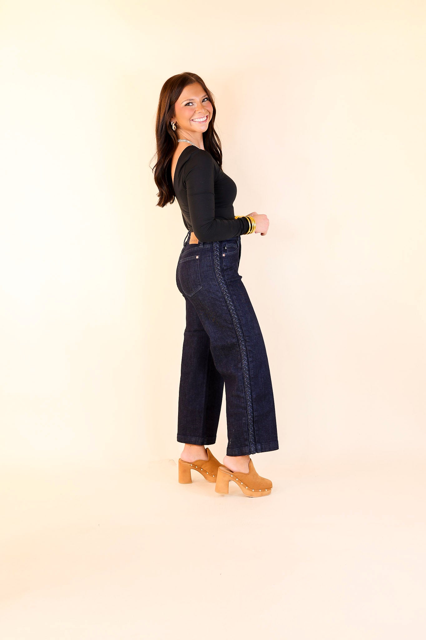 Judy Blue | Everyday Elegance High Waisted Wide Leg Cropped Jean with Side Seam Braid in Dark Rinse Wash