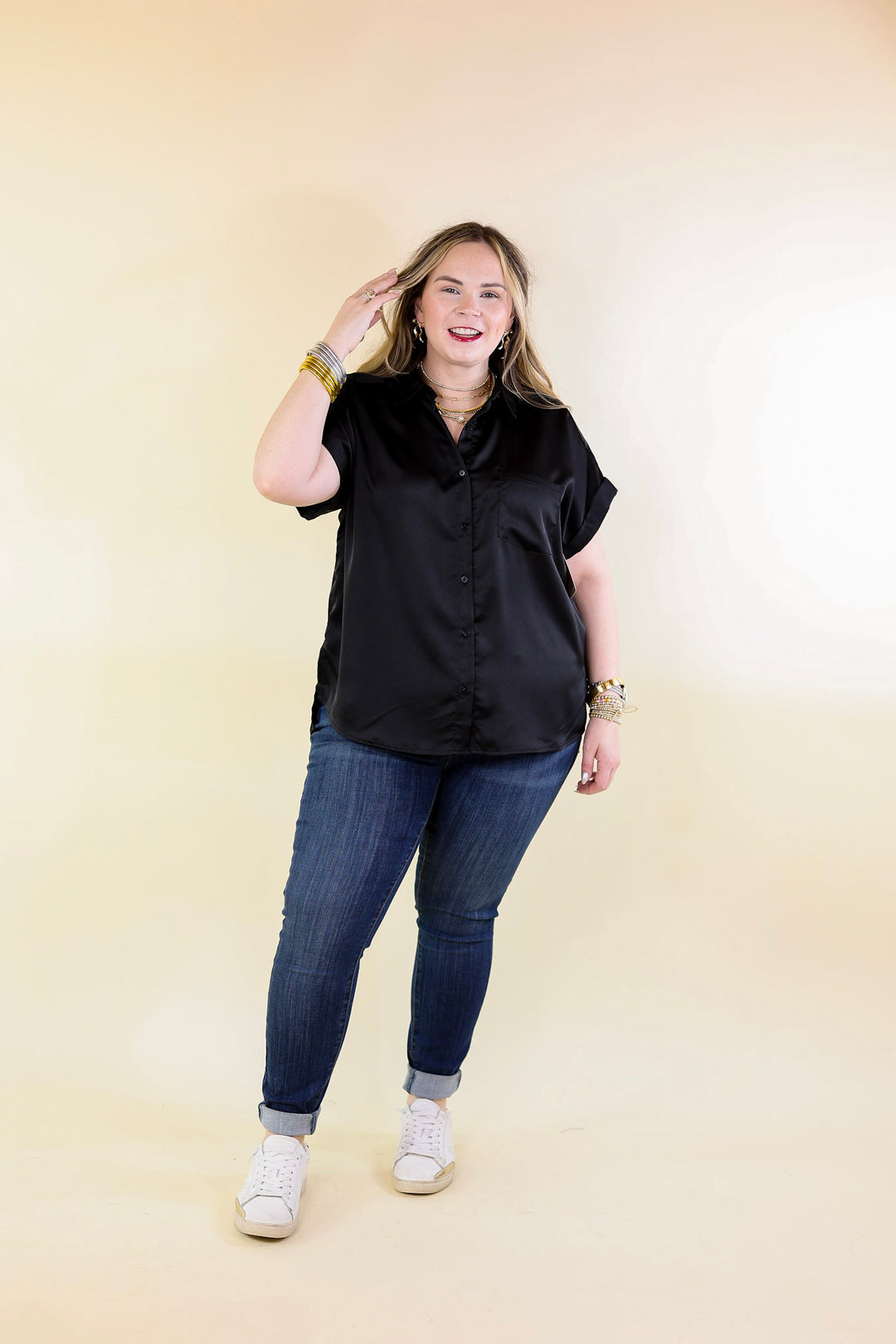 Free To Be Fab Button Up Short Sleeve Top in Black