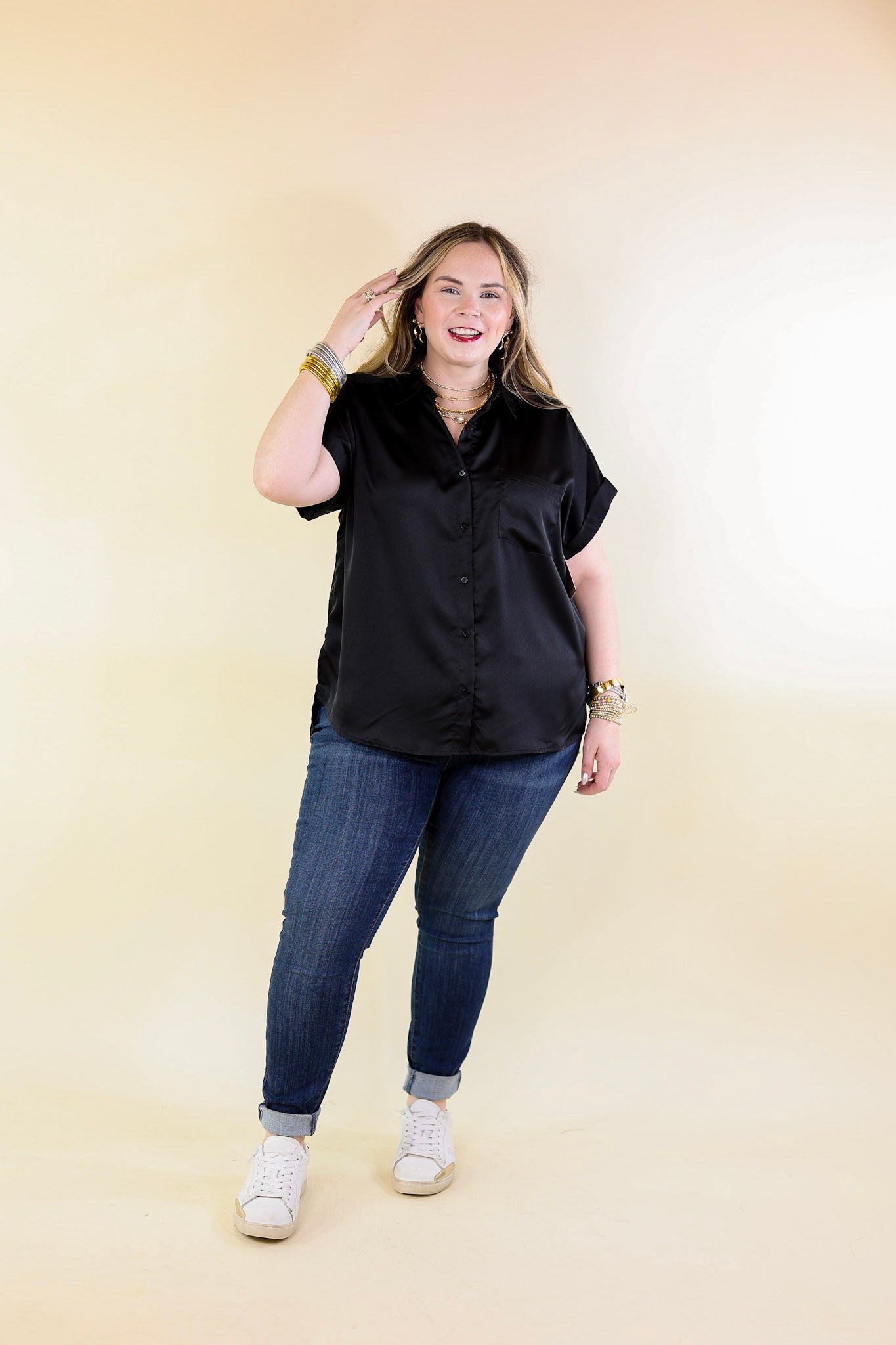 Free To Be Fab Button Up Short Sleeve Top in Black