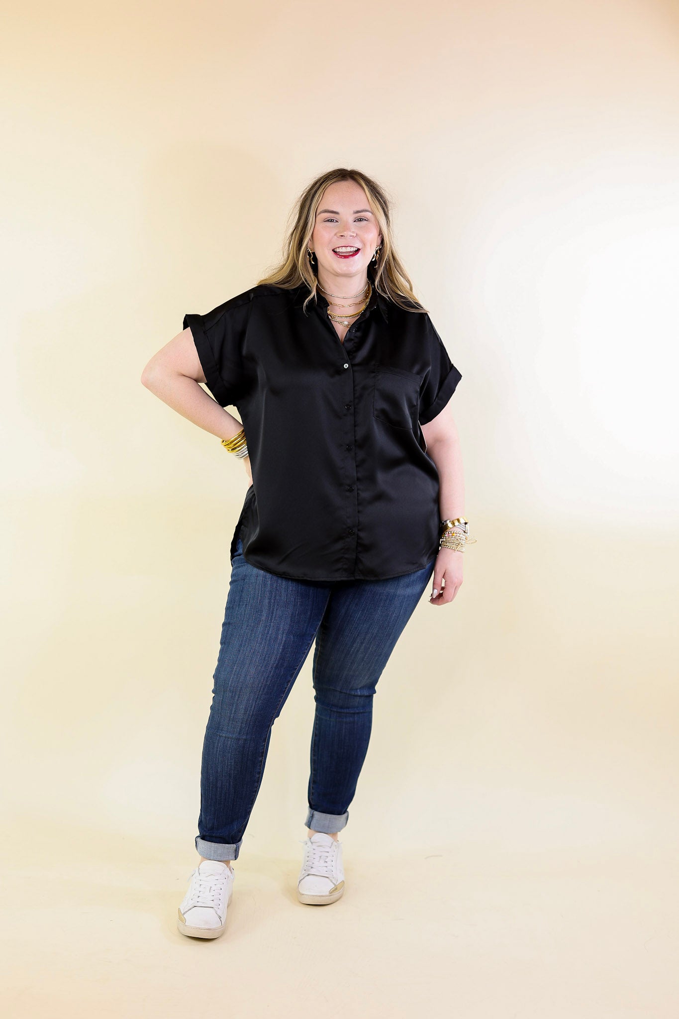 Free To Be Fab Button Up Short Sleeve Top in Black