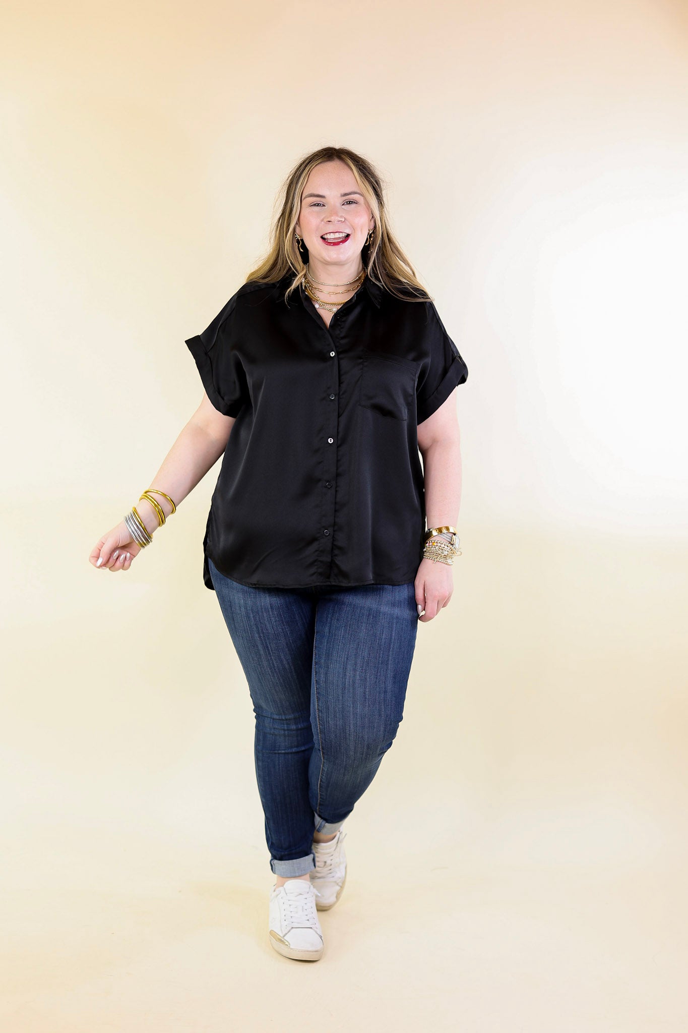 Free To Be Fab Button Up Short Sleeve Top in Black