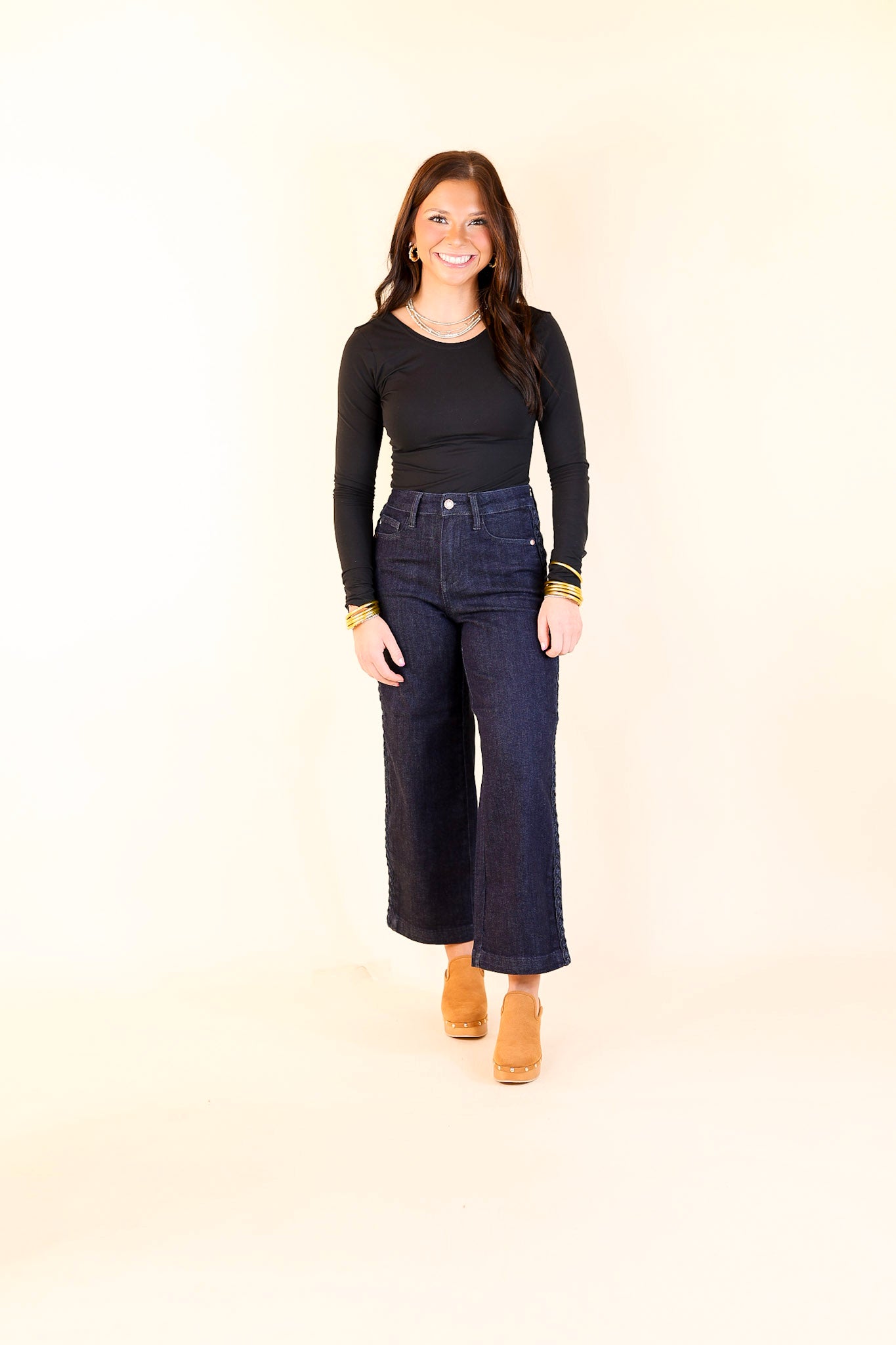 Judy Blue | Everyday Elegance High Waisted Wide Leg Cropped Jean with Side Seam Braid in Dark Rinse Wash