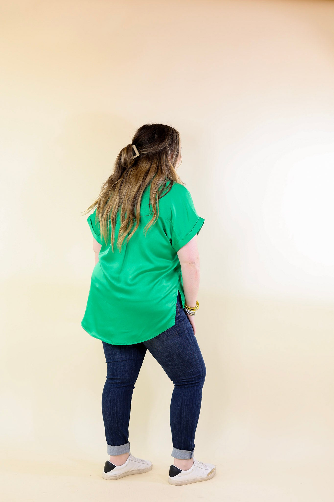 Free To Be Fab Button Up Short Sleeve Top in Green