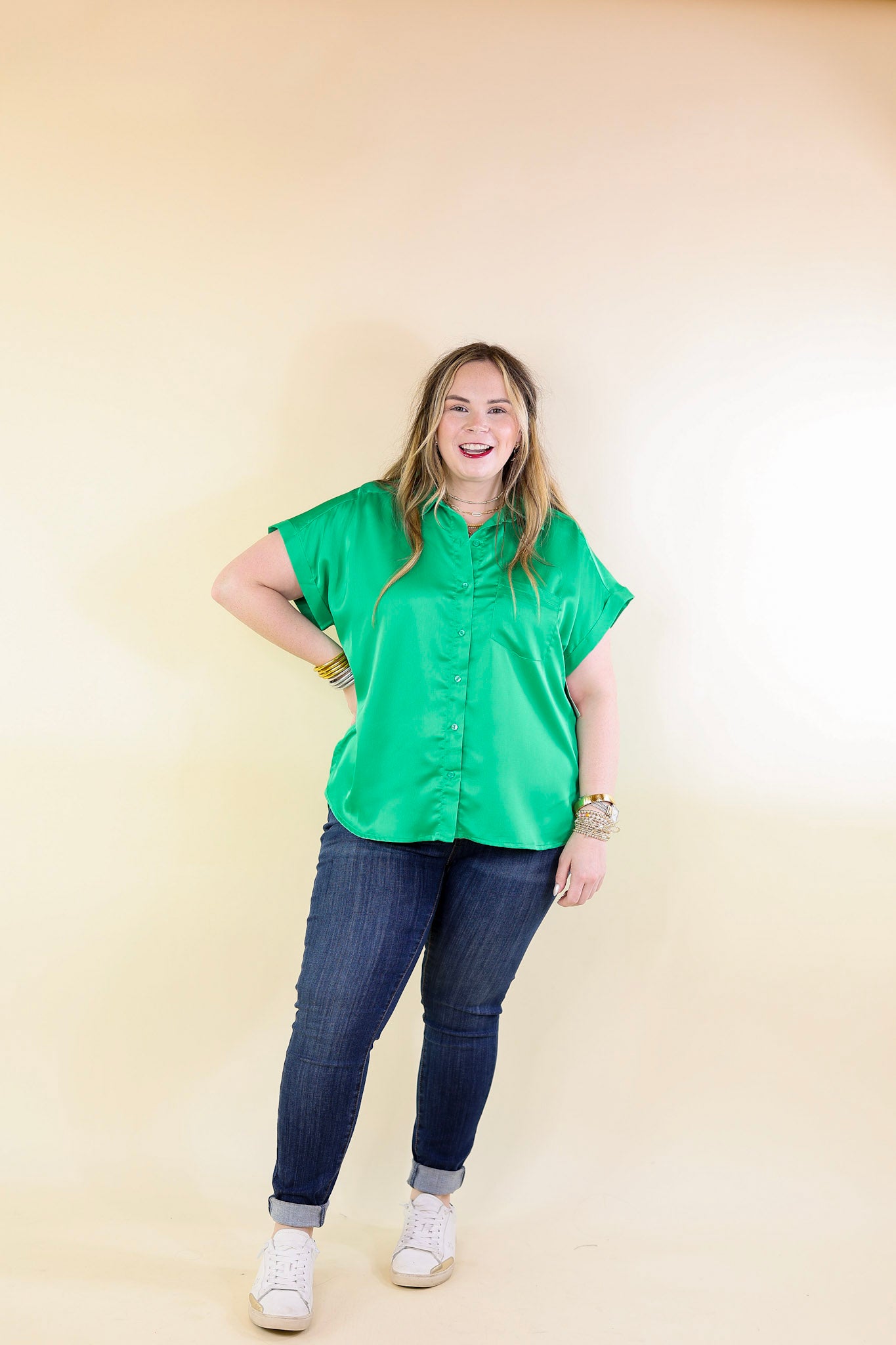 Free To Be Fab Button Up Short Sleeve Top in Green