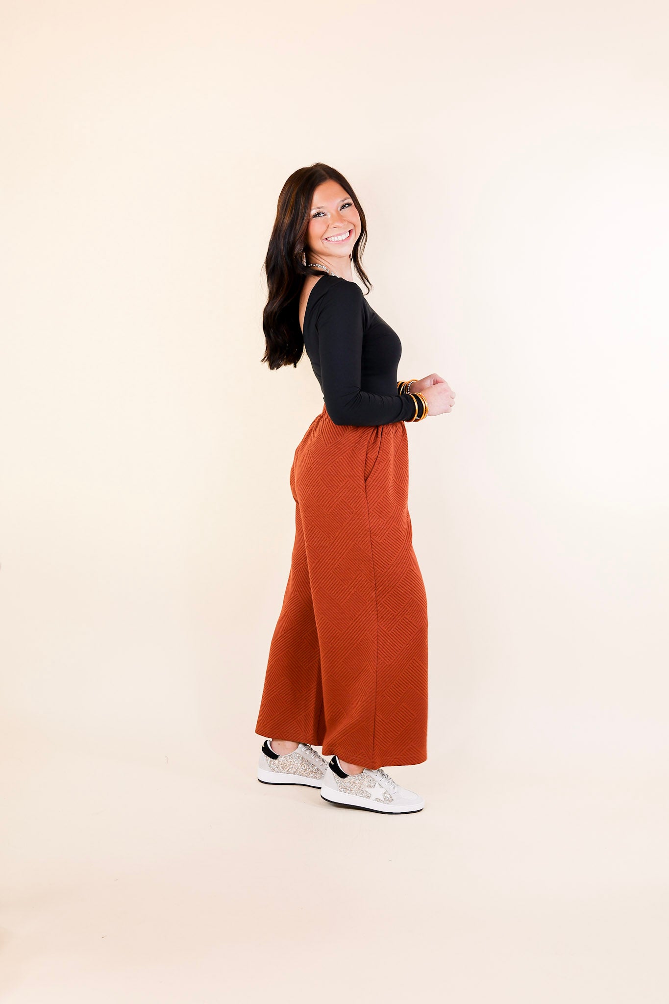 Glamour on the Go Textured Wide Leg Pant in Rust Orange