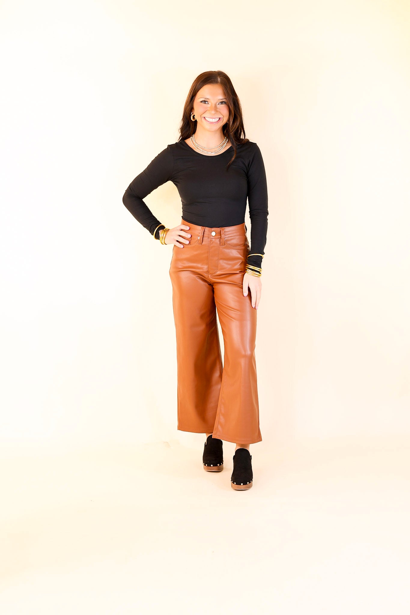 Judy Blue | Instant Icon Tummy Control Faux Leather Cropped Wide Leg Pant in Camel Brown