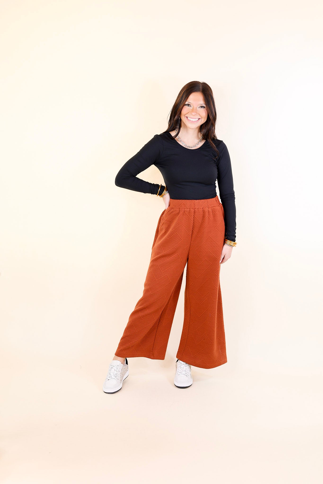 Glamour on the Go Textured Wide Leg Pant in Rust Orange