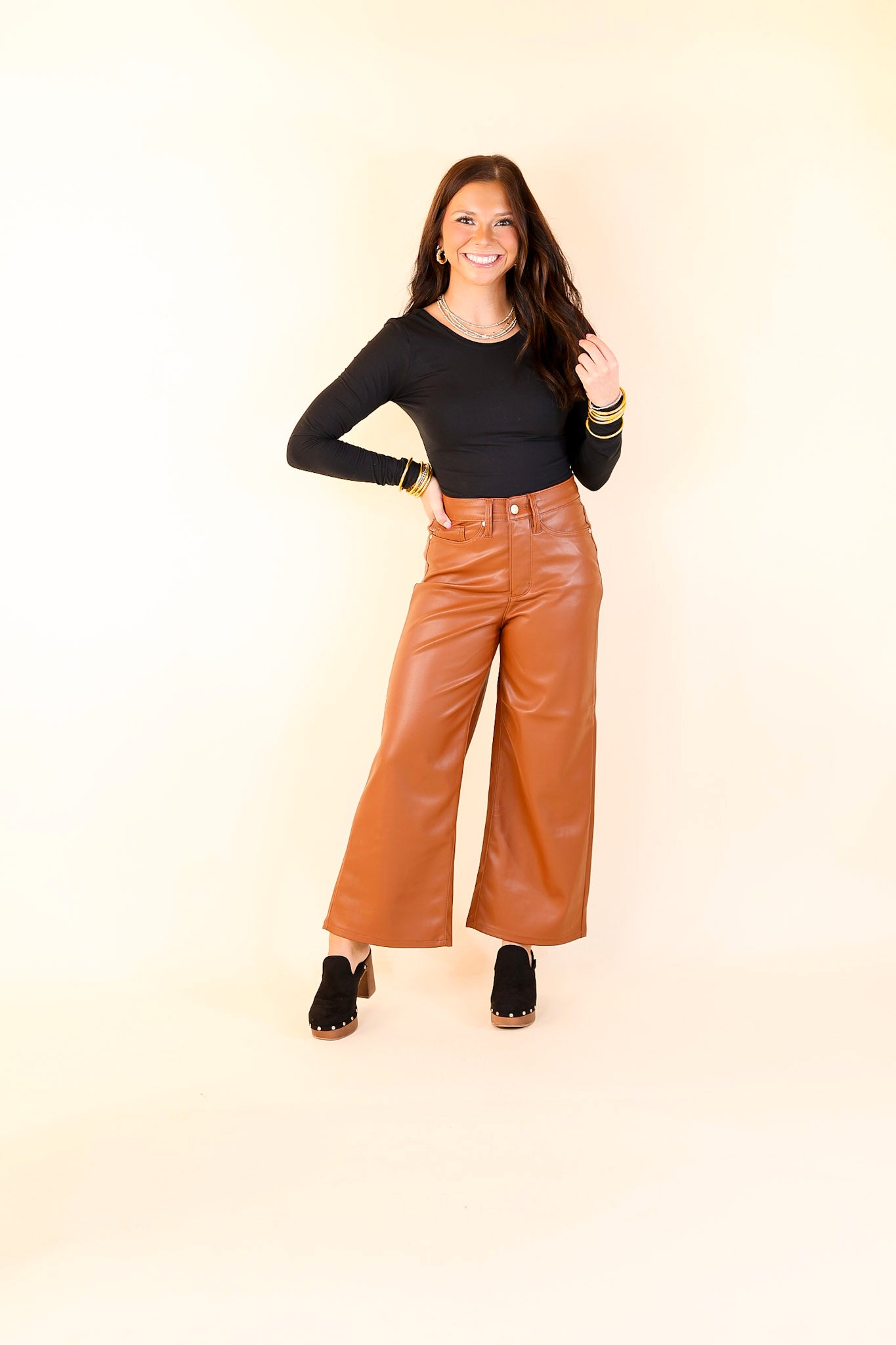 Judy Blue | Instant Icon Tummy Control Faux Leather Cropped Wide Leg Pant in Camel Brown