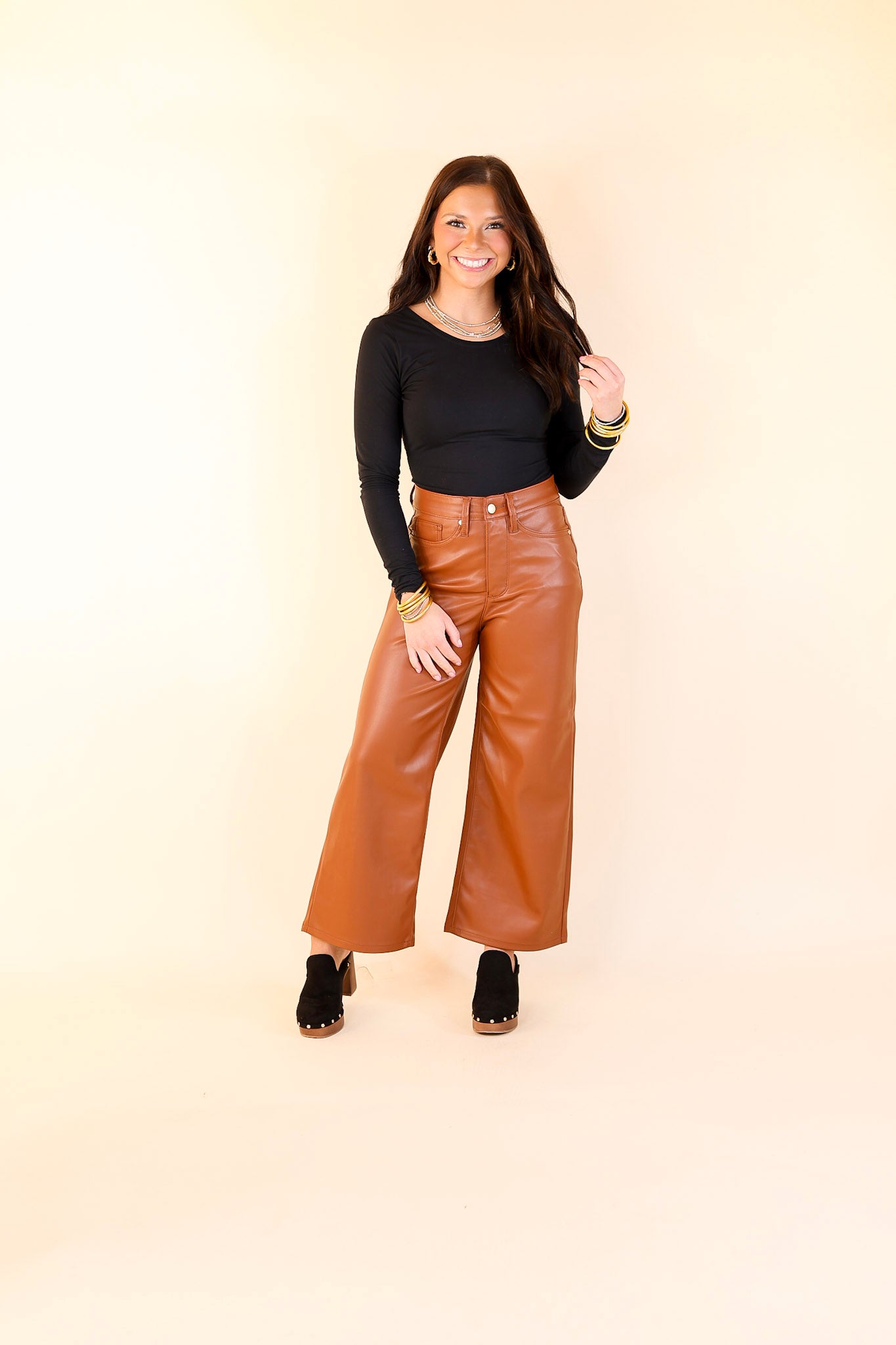 Judy Blue | Instant Icon Tummy Control Faux Leather Cropped Wide Leg Pant in Camel Brown